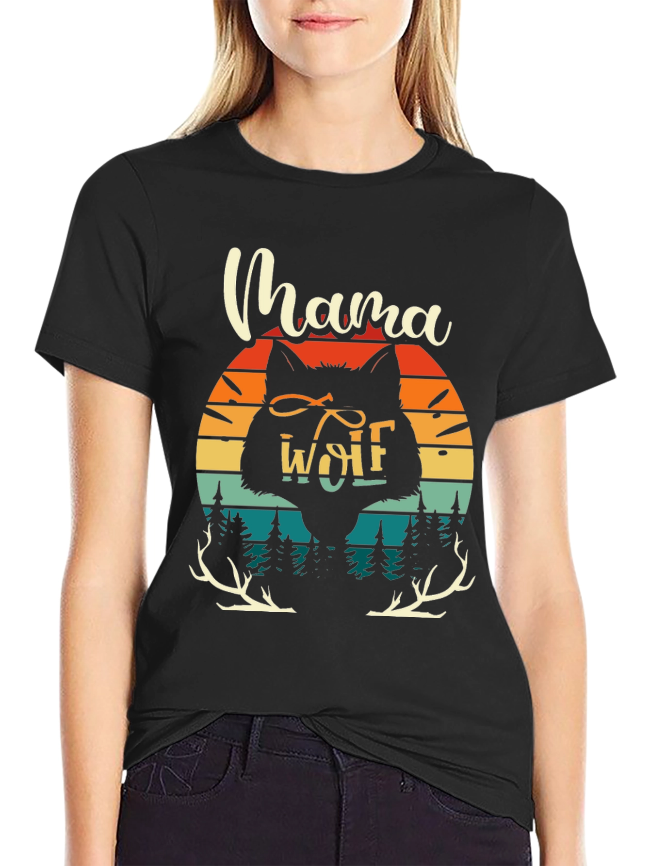 Mama Wolf Graphic Tee - Retro Sunset Design