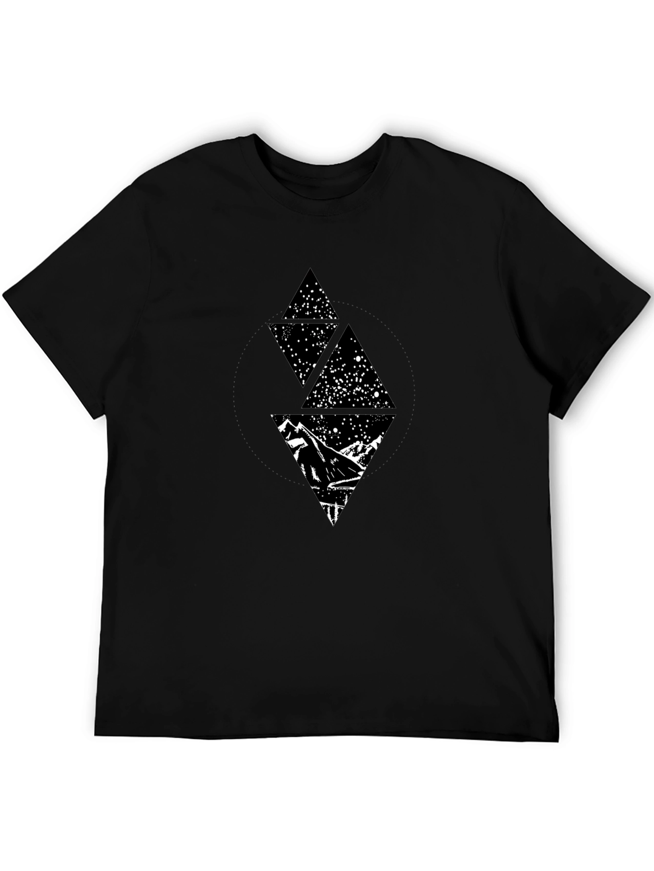 Geometric Mountain Starry Sky Graphic Tee - Black