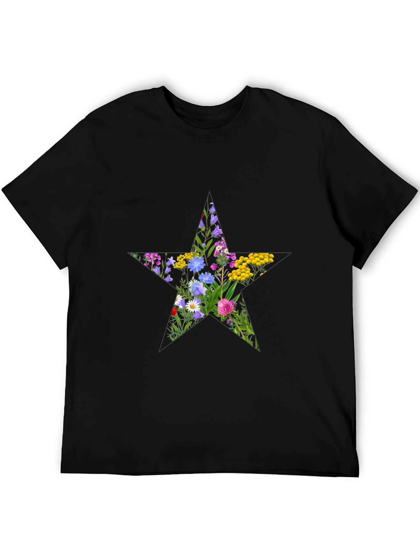 Floral Star Graphic Tee - Black Cotton T-Shirt