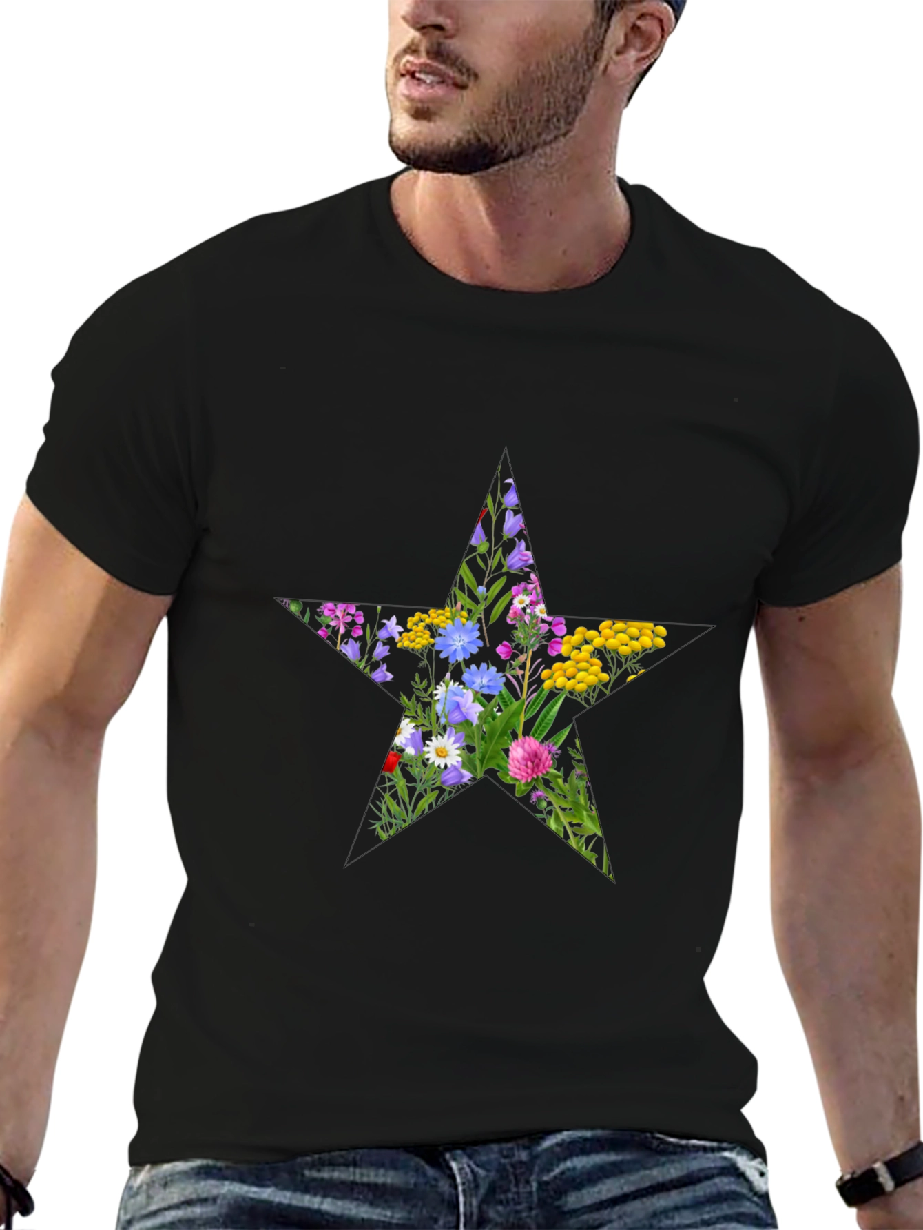 Floral Star Graphic Tee - Black Cotton T-Shirt