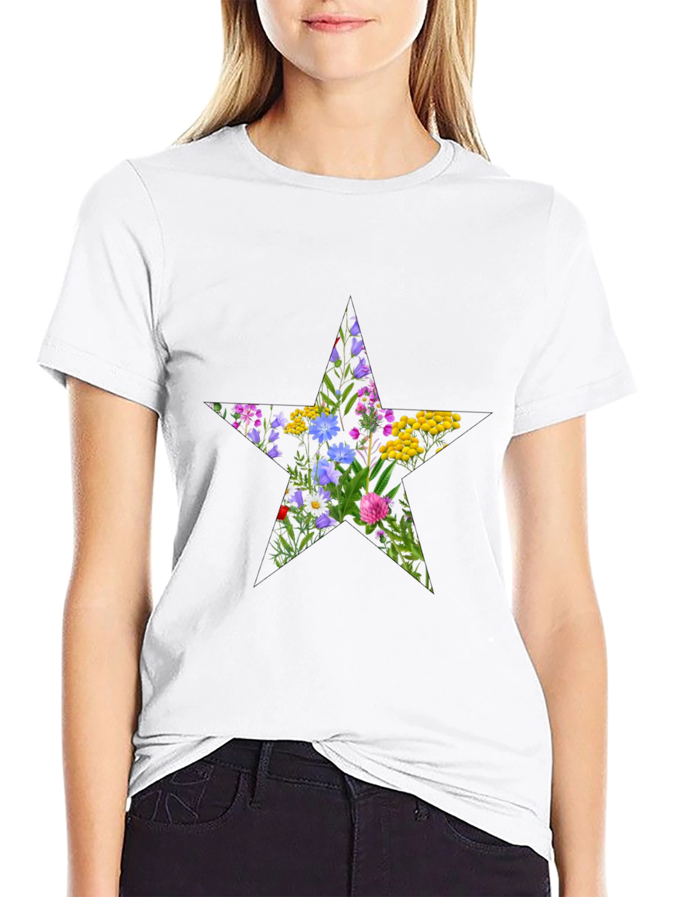 Floral Star Graphic Tee - Black Cotton T-Shirt