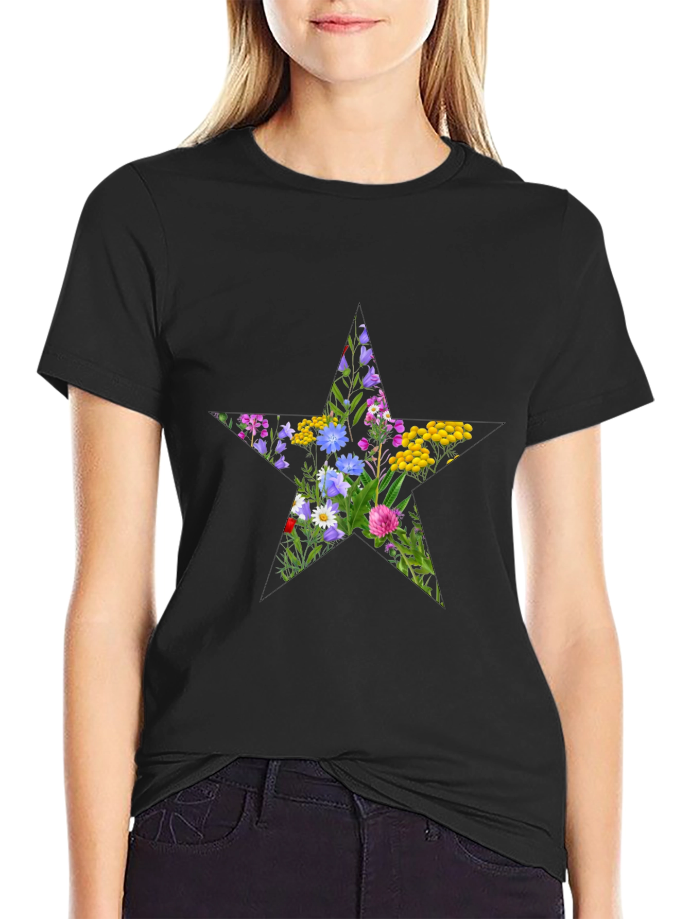 Floral Star Graphic Tee - Black Cotton T-Shirt