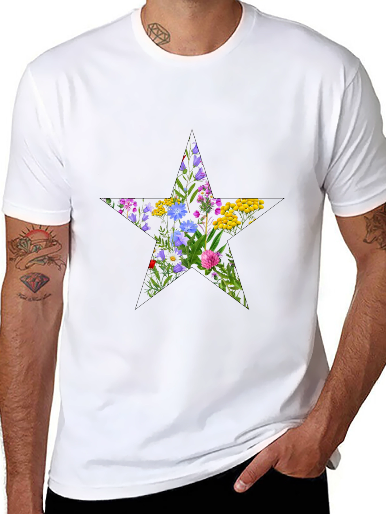 Floral Star Graphic Tee - Black Cotton T-Shirt