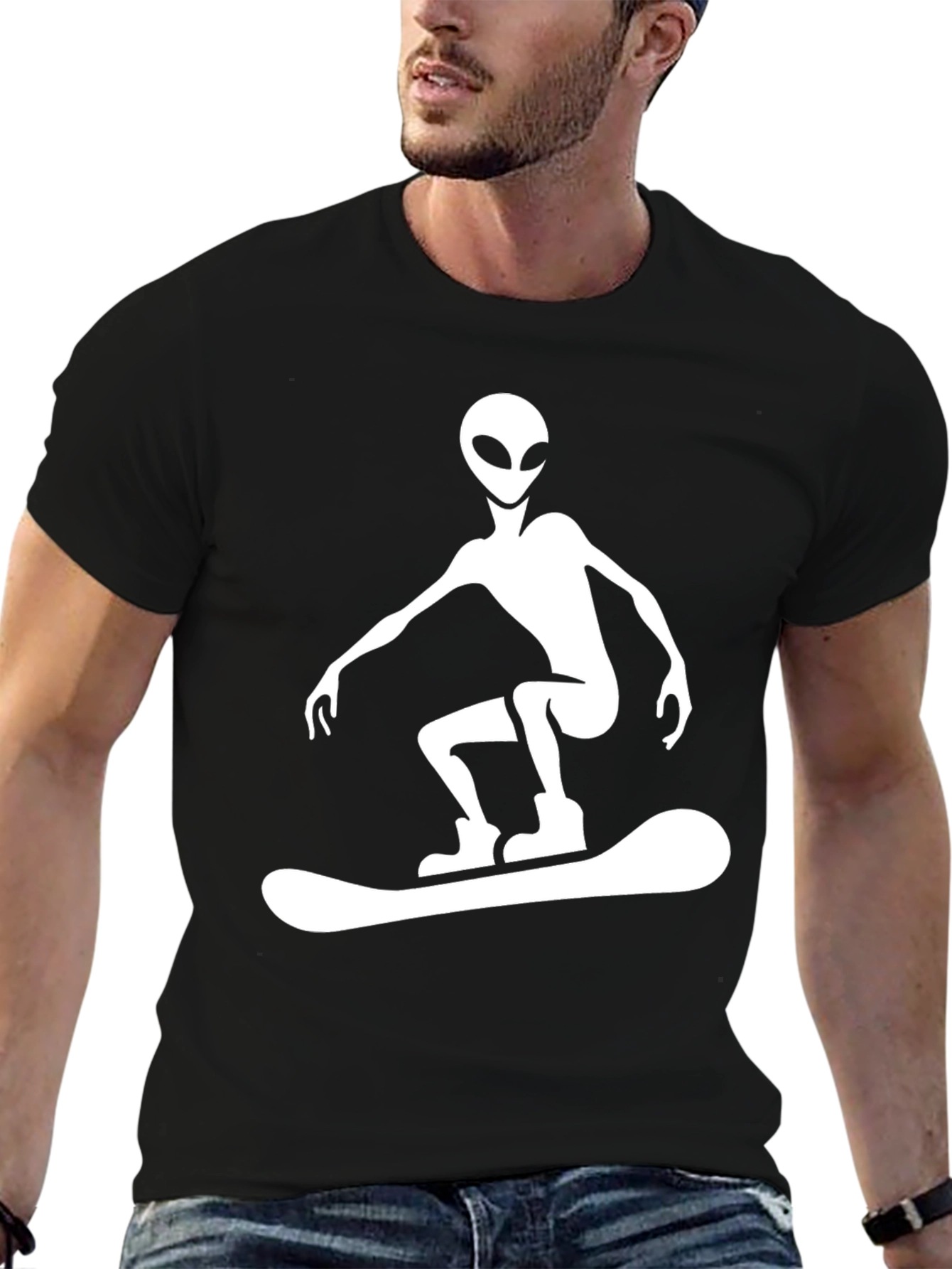 Alien Snowboarding Graphic Tee - Black Cotton T-Shirt