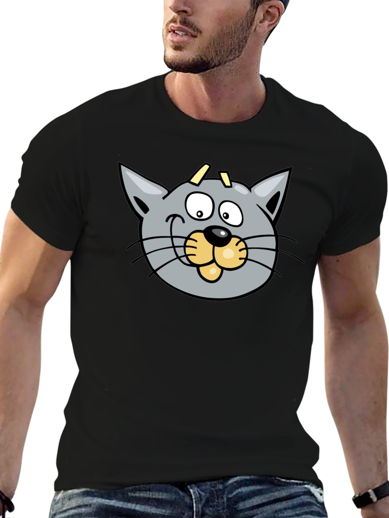 Cartoon Cat Graphic Black T-Shirt