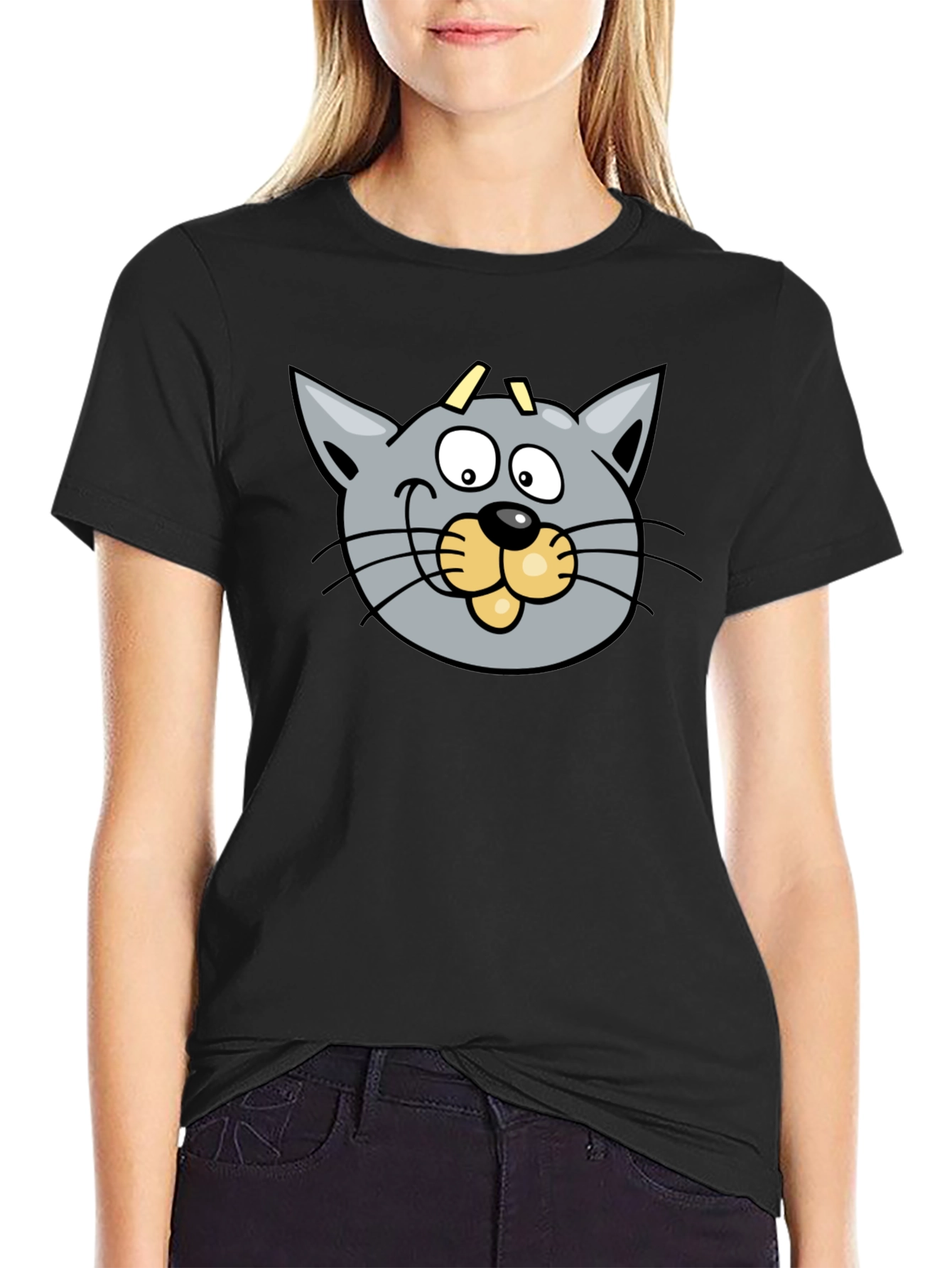 Cartoon Cat Graphic Black T-Shirt