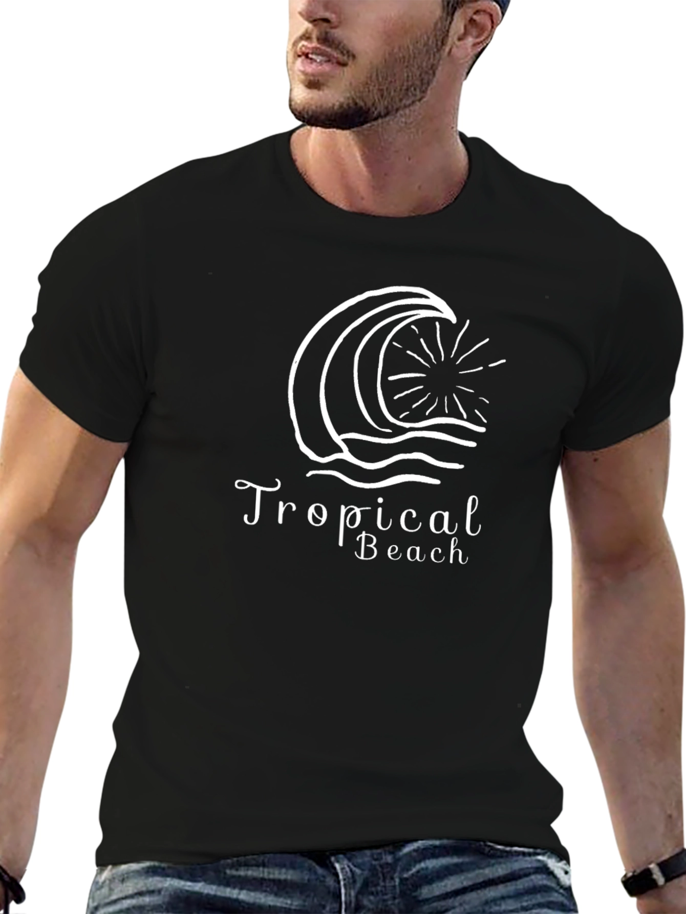 Tropical Beach Graphic Tee - Black Cotton T-Shirt