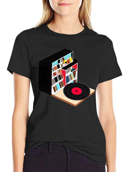 Bookcase and Vinyl Record T-Shirt