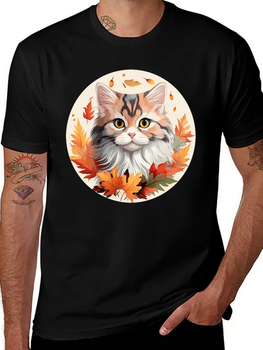 Autumn Cat T-Shirt - Fall Leaves Design