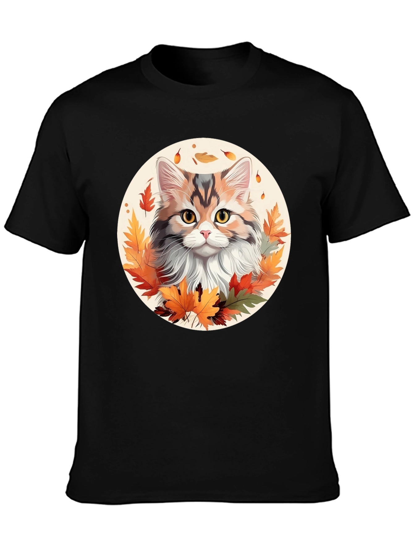 Autumn Cat T-Shirt - Fall Leaves Design