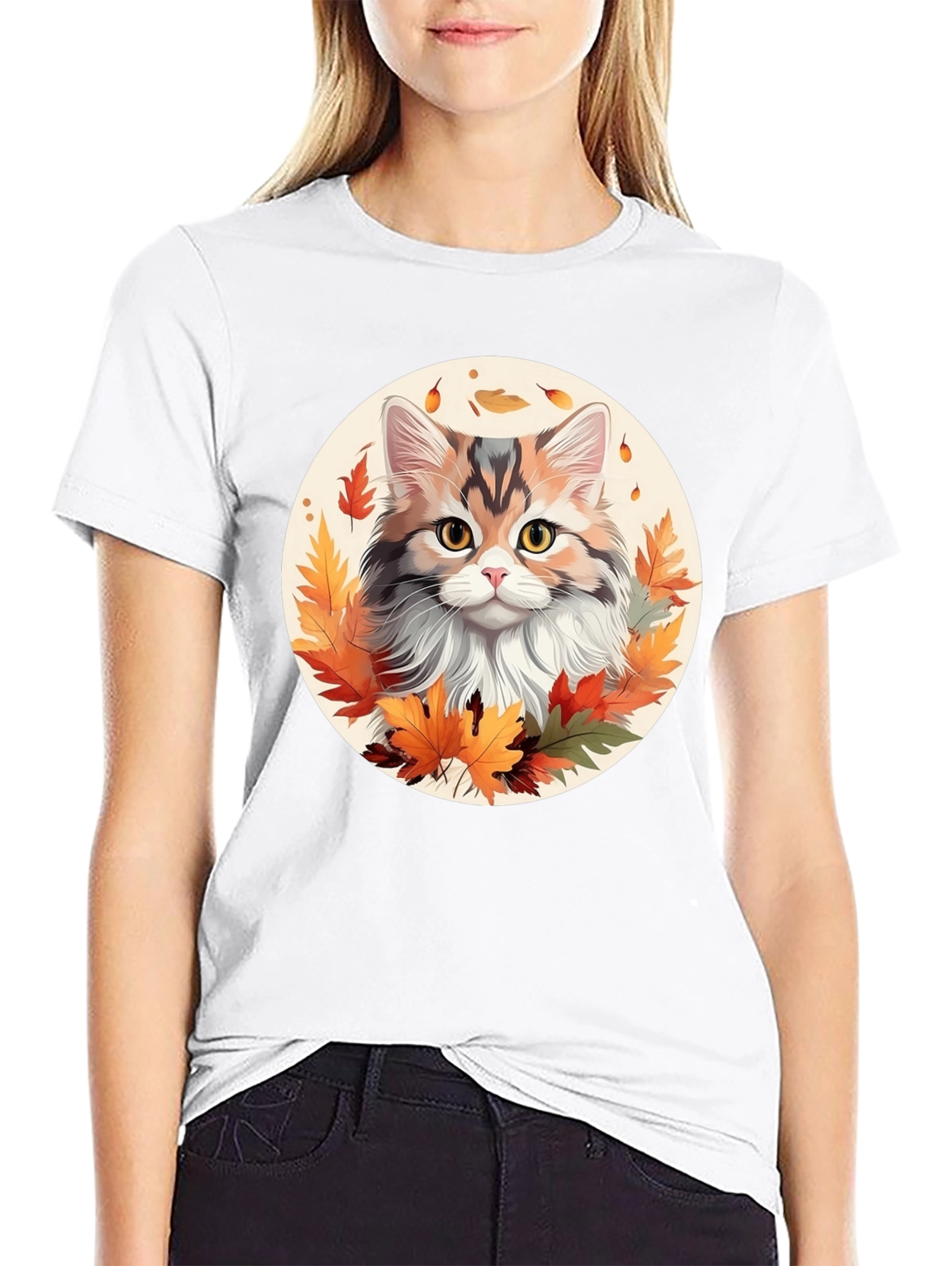 Autumn Cat T-Shirt - Fall Leaves Design