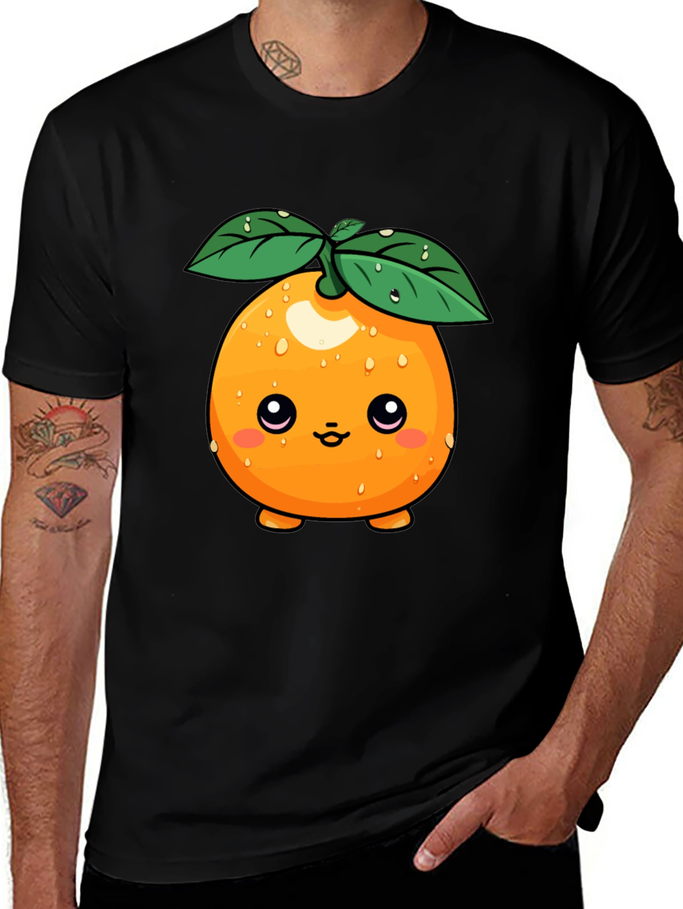 Cute Orange Fruit Cartoon Graphic Black T-Shirt