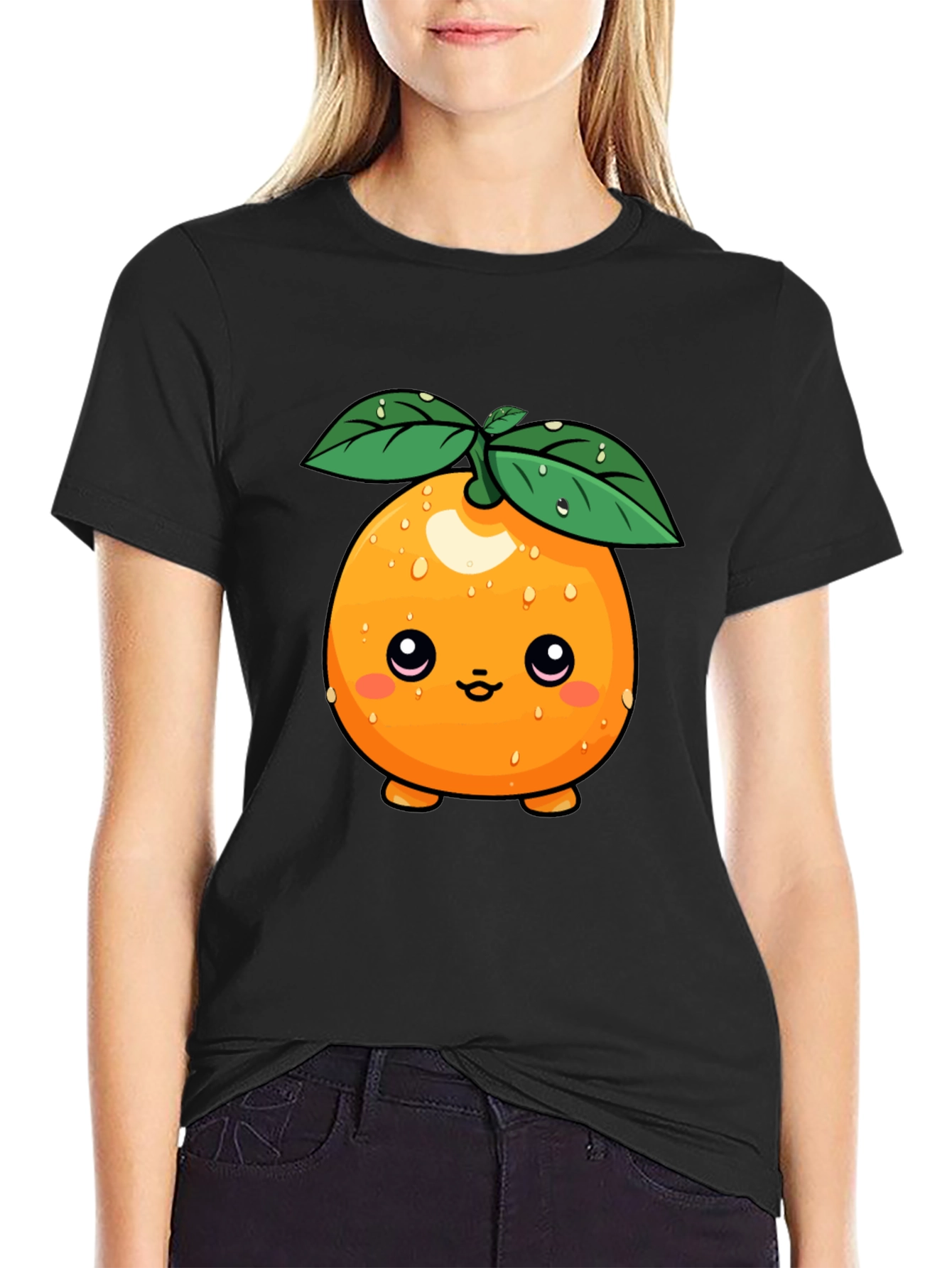 Cute Orange Fruit Cartoon Graphic Black T-Shirt