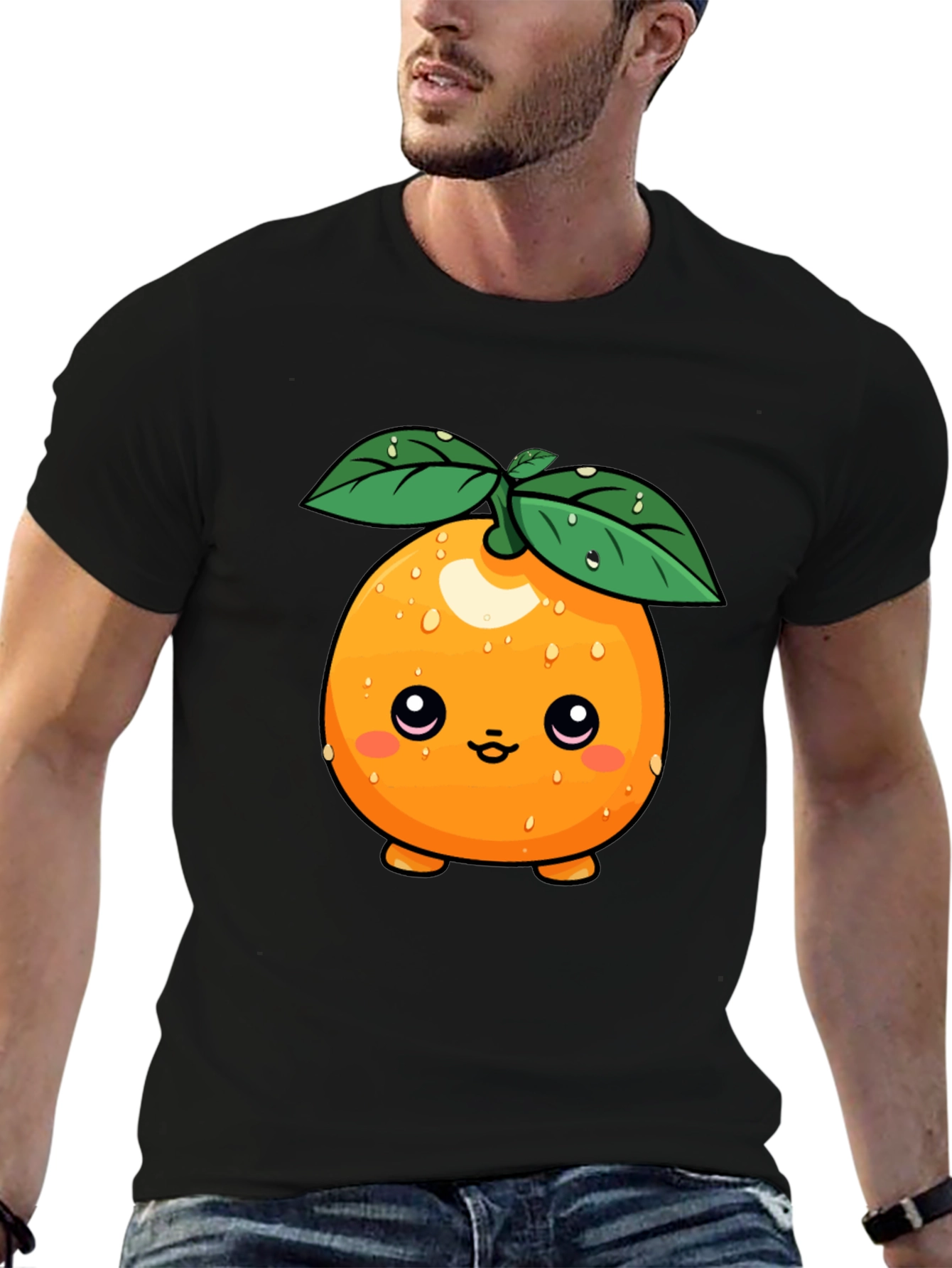 Cute Orange Fruit Cartoon Graphic Black T-Shirt