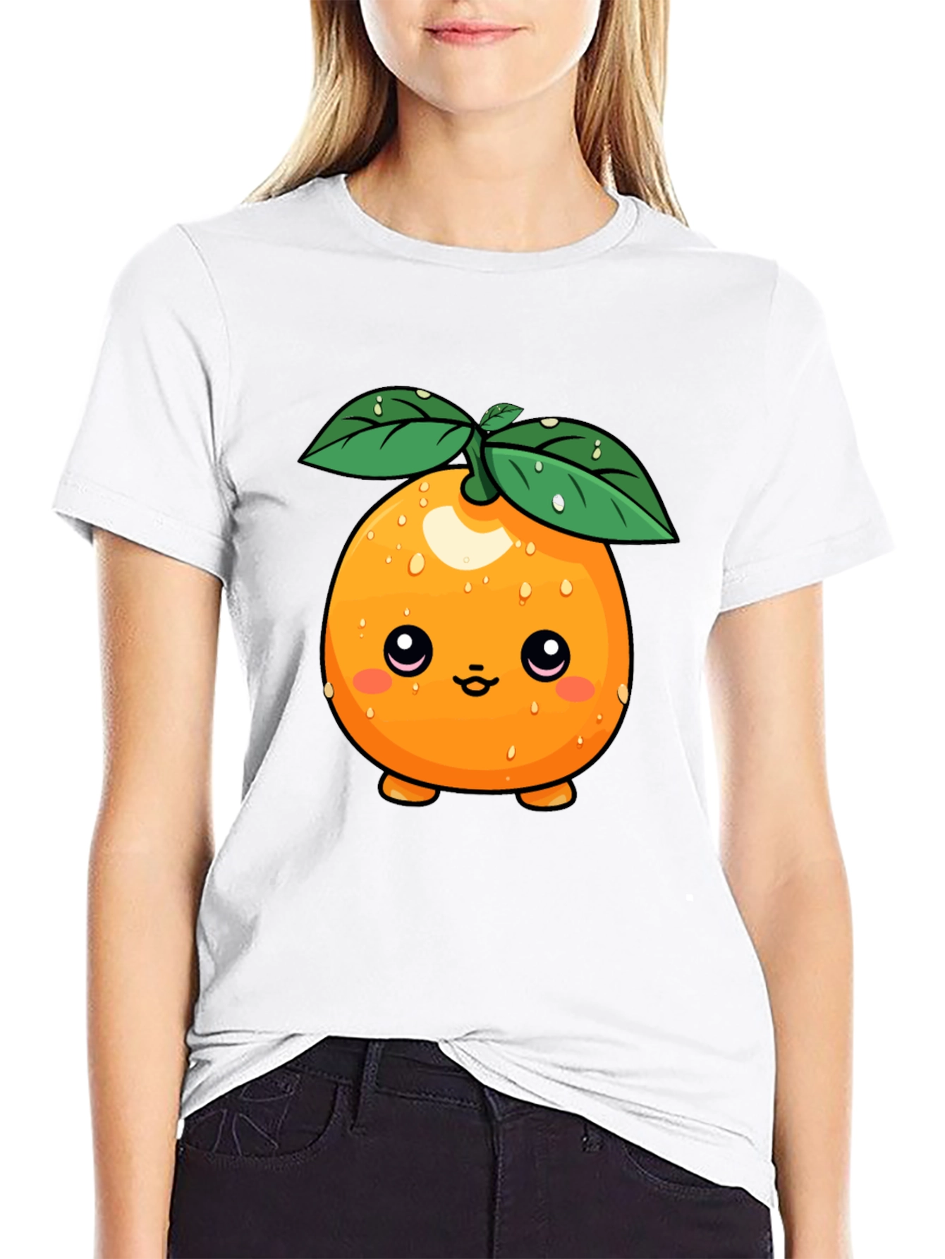 Cute Orange Fruit Cartoon Graphic Black T-Shirt