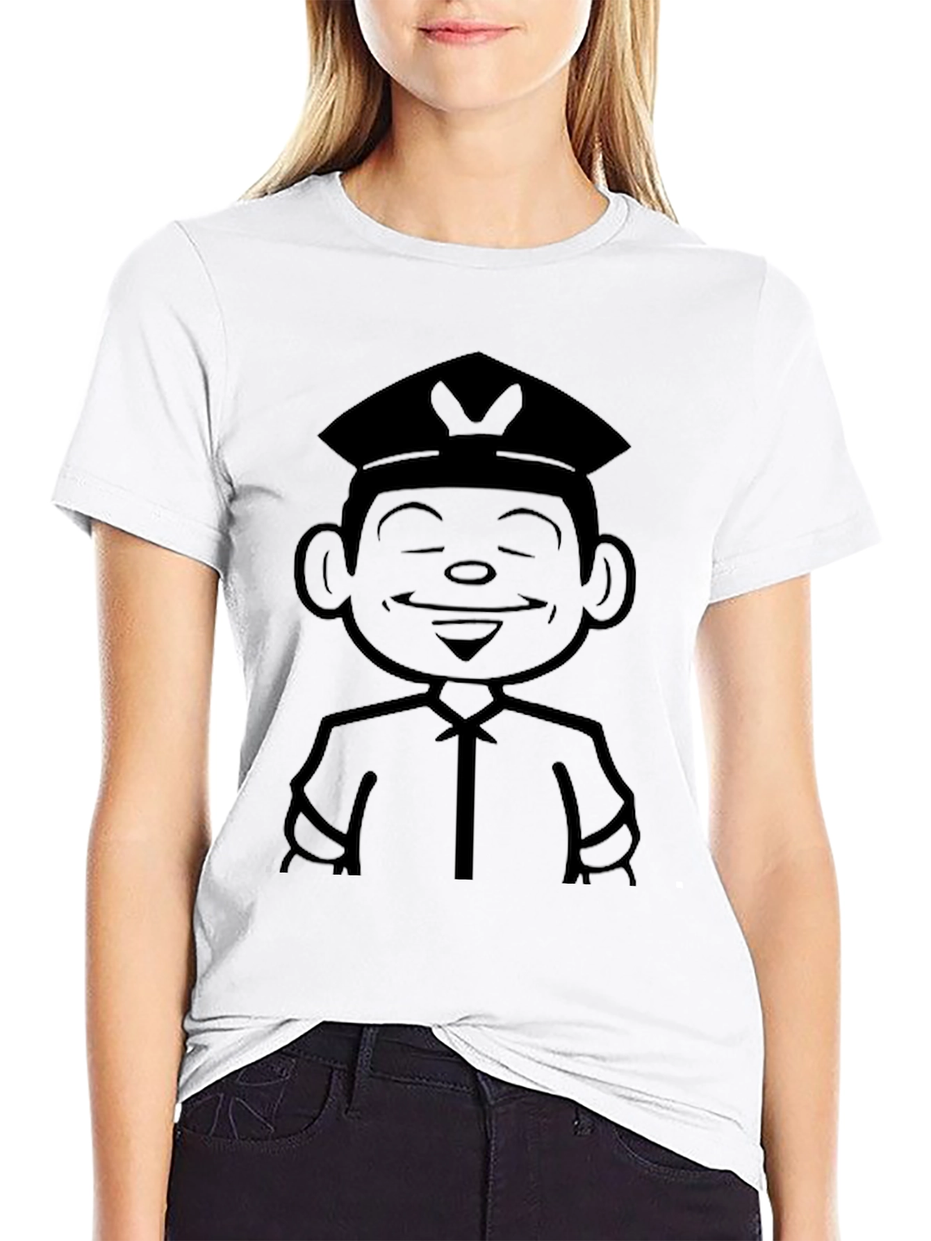 Cartoon Cop Graphic Tee - Black Cotton T-Shirt