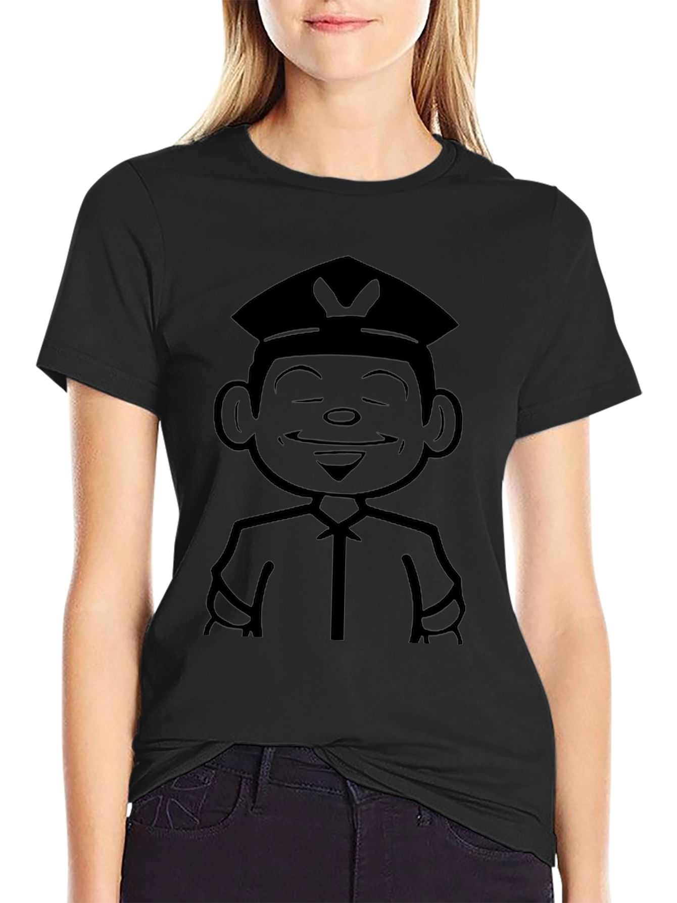 Cartoon Cop Graphic Tee - Black Cotton T-Shirt