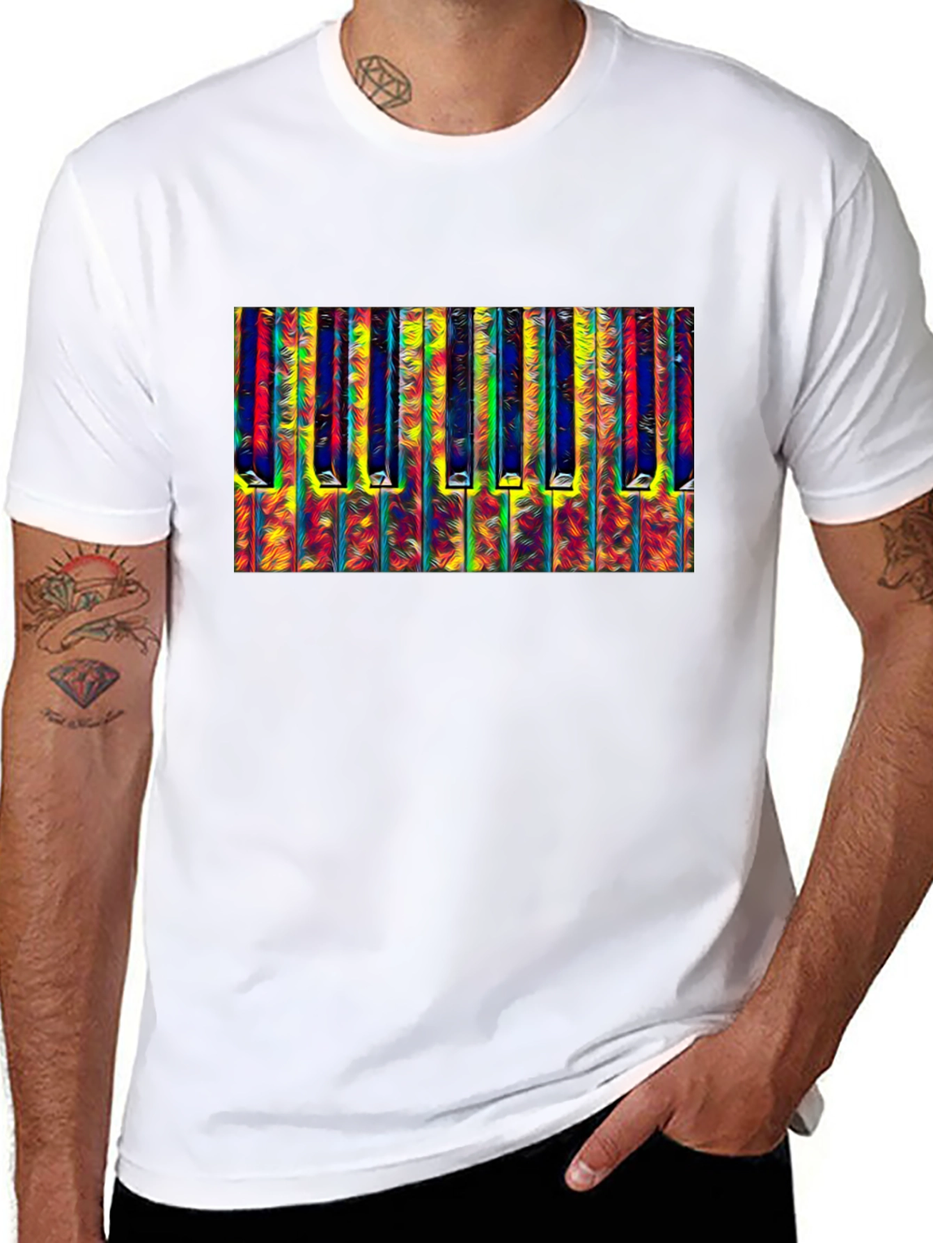 Abstract Piano Keys Graphic Tee - Black Cotton T-Shirt