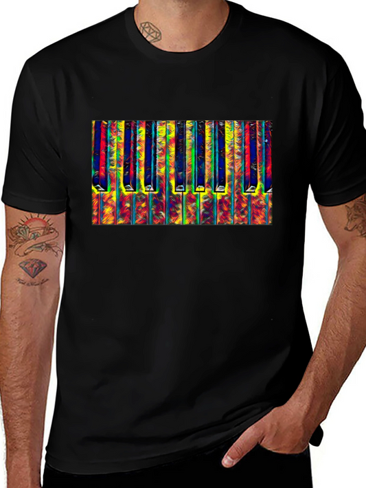 Abstract Piano Keys Graphic Tee - Black Cotton T-Shirt
