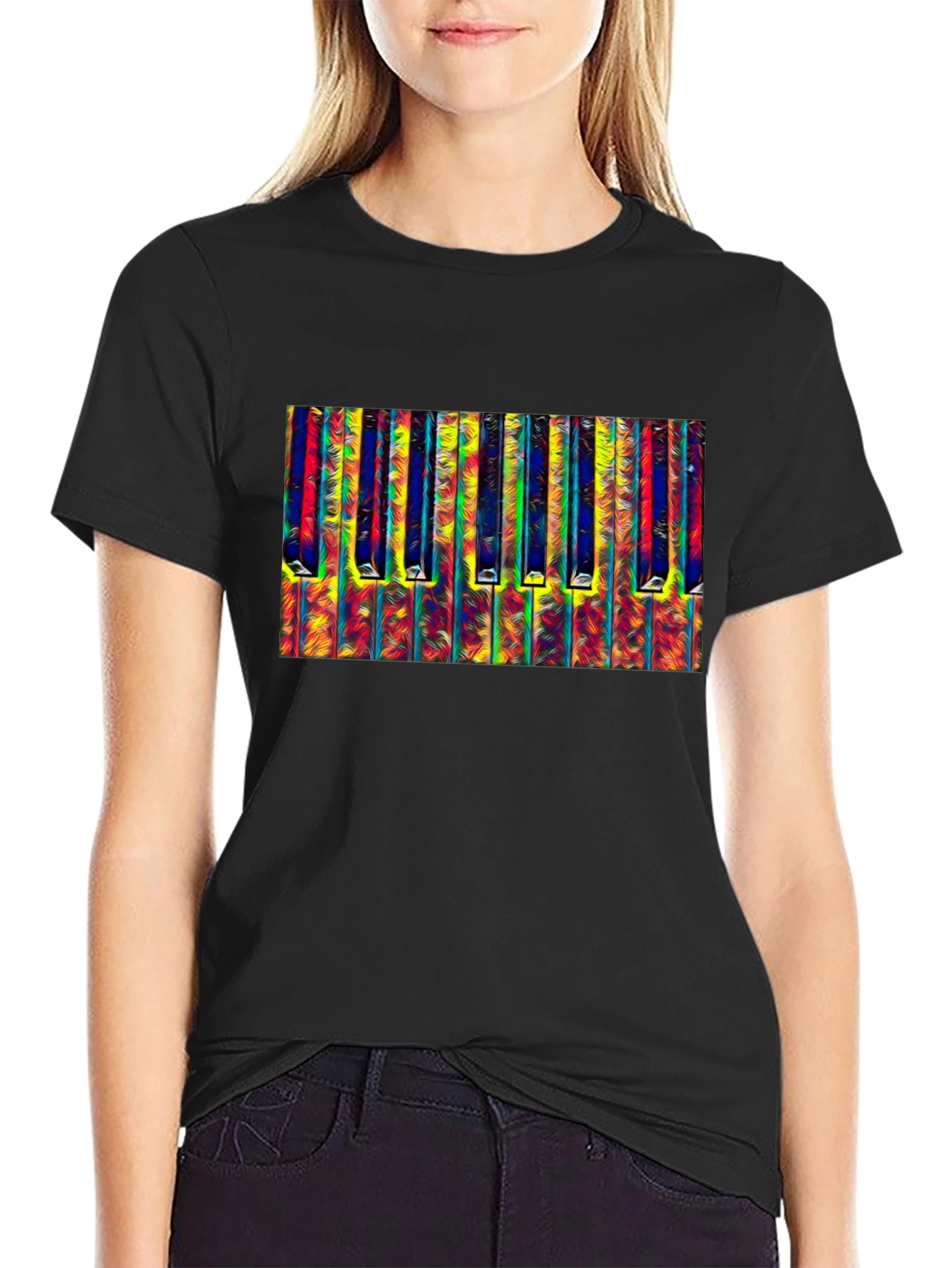 Abstract Piano Keys Graphic Tee - Black Cotton T-Shirt