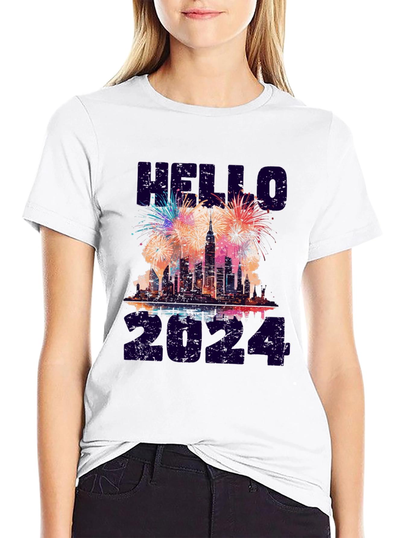 Hello 2024 NYC Skyline Fireworks Graphic Tee