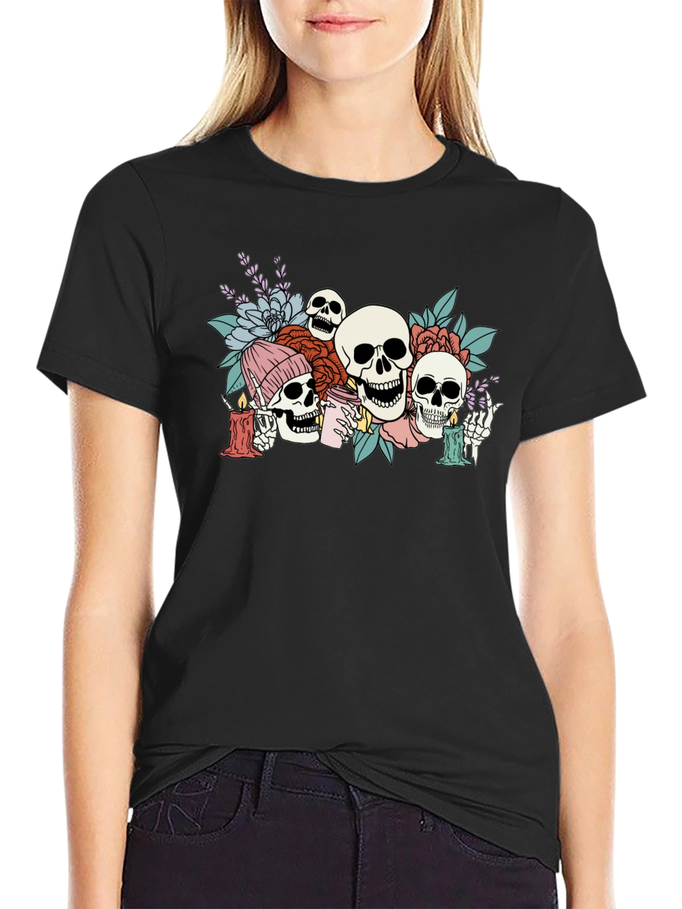 Floral Skull Graphic Tee - Unique Skeleton T-Shirt