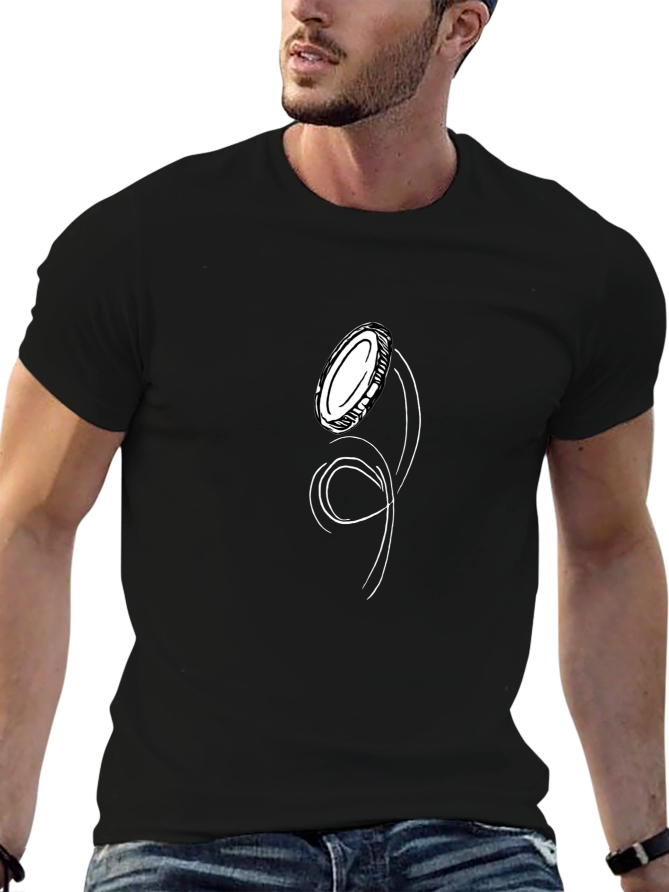 Black T-Shirt with Unique Coin Toss Graphic Design
