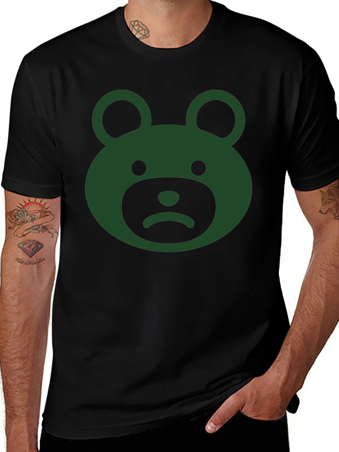 Sad Bear Graphic Tee - Black Cotton Casual Wear