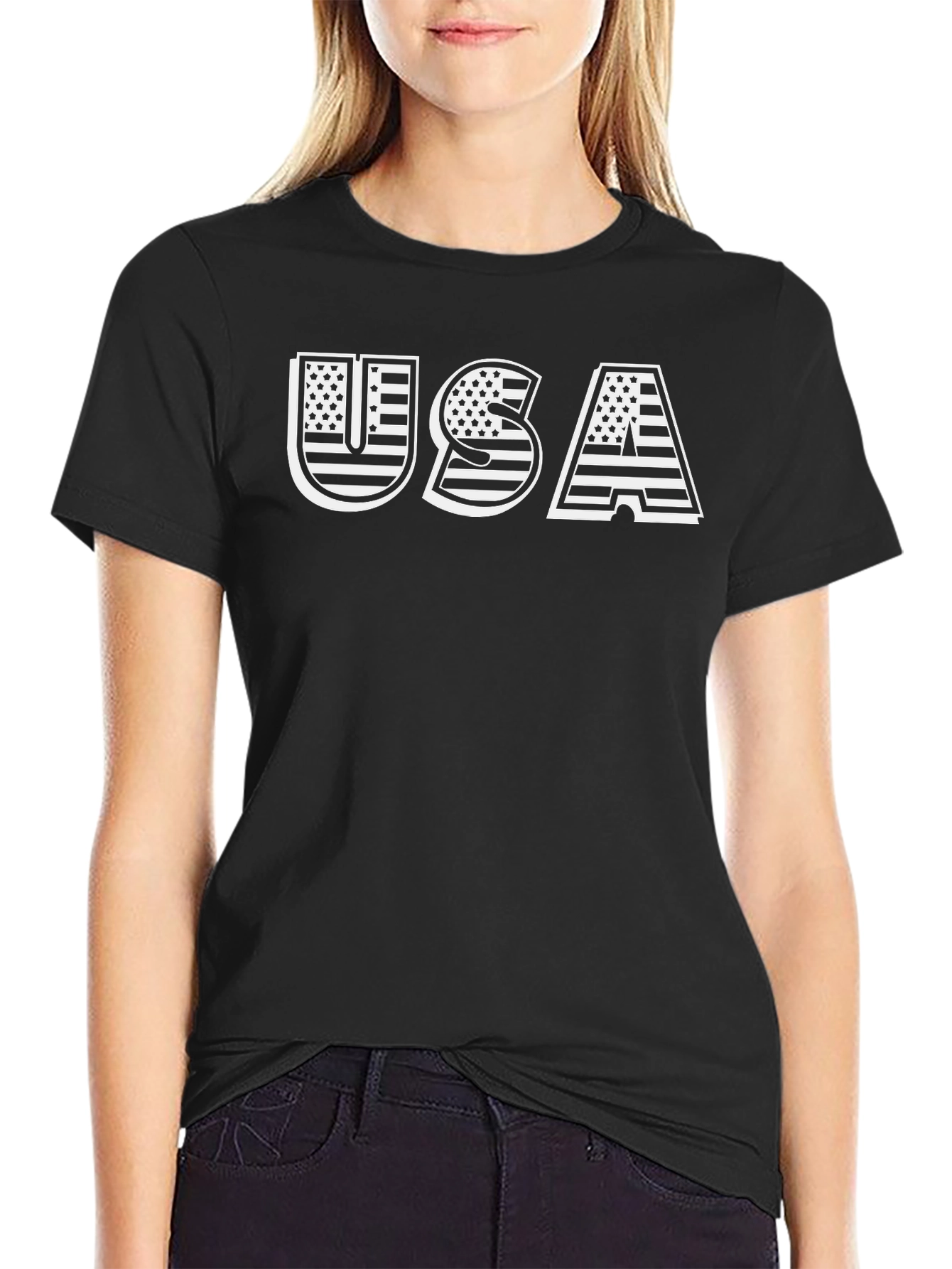 USA Flag Graphic Print Black T-Shirt