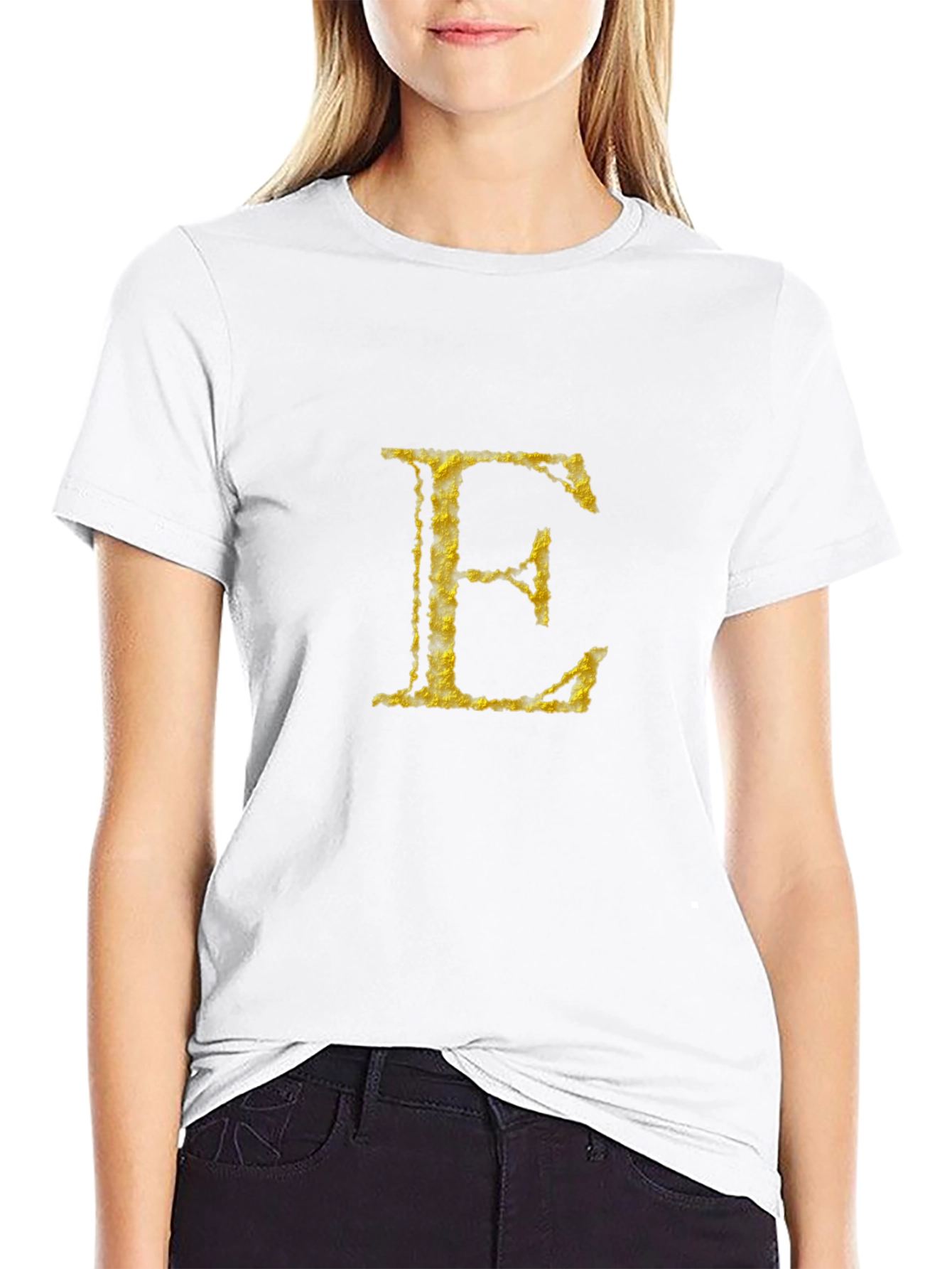 Golden Letter E on Black T-Shirt