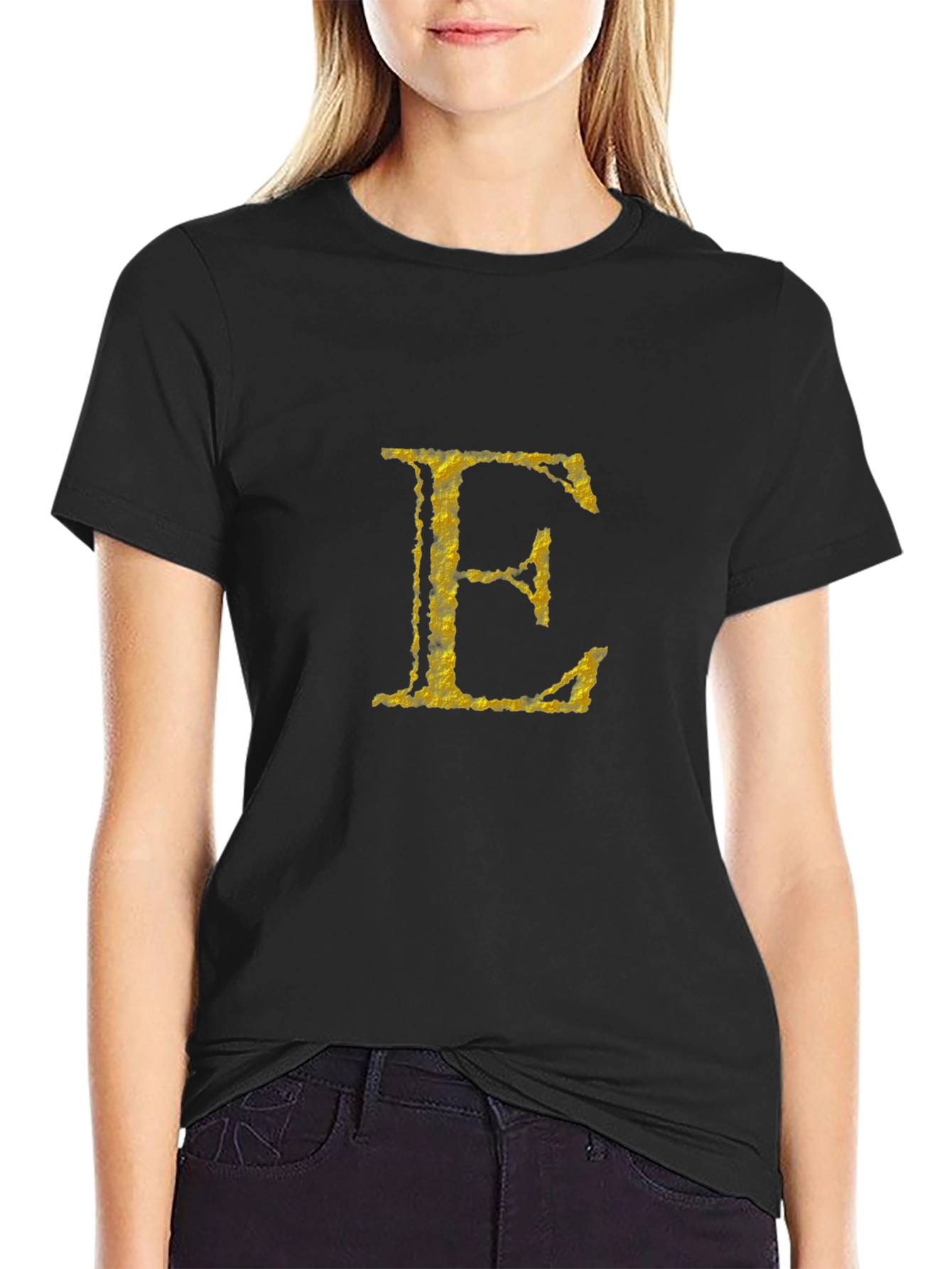 Golden Letter E on Black T-Shirt