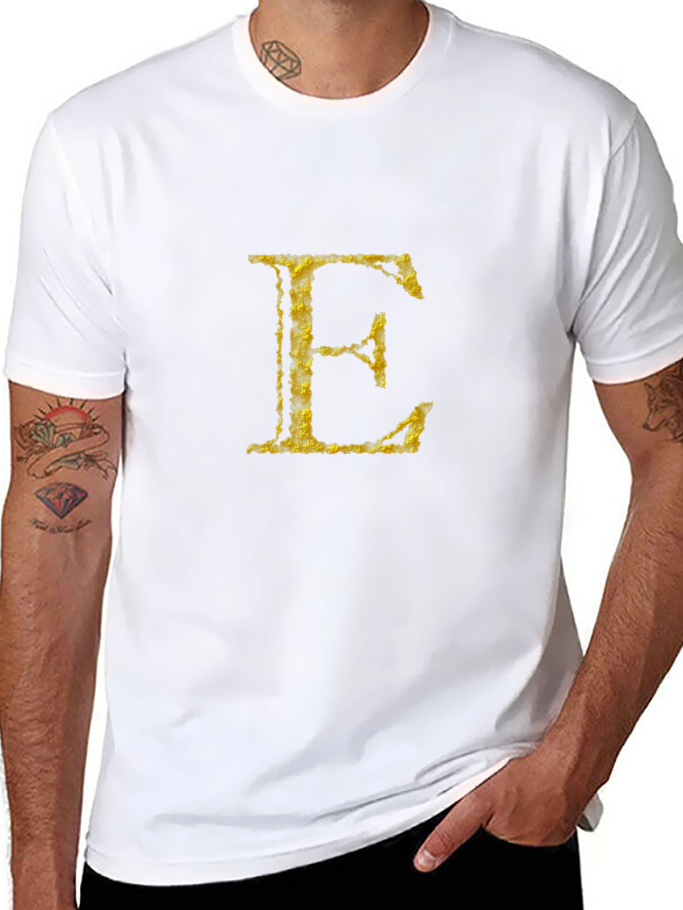 Golden Letter E on Black T-Shirt