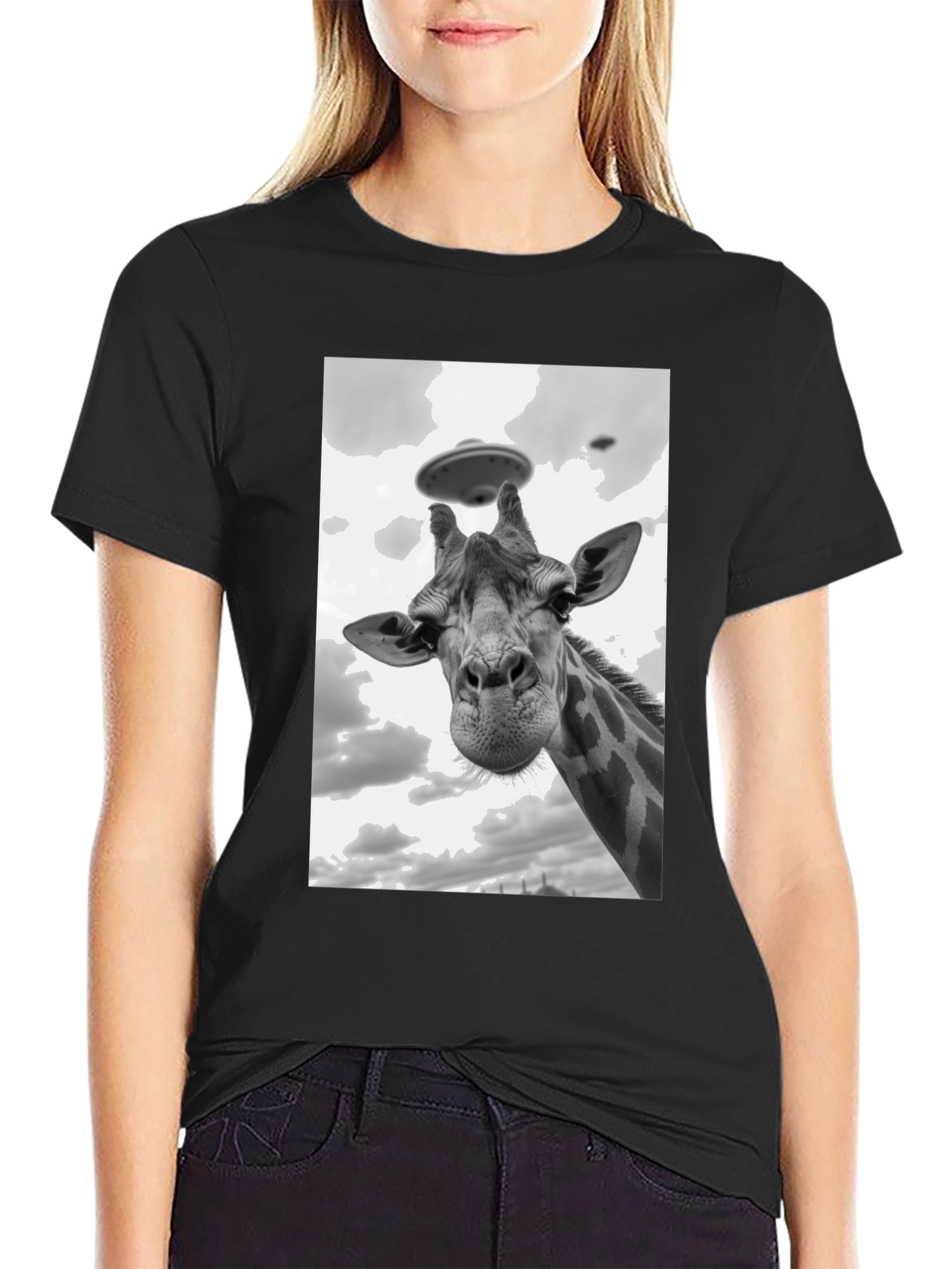 Giraffe Abduction T-Shirt: Quirky UFO Tee