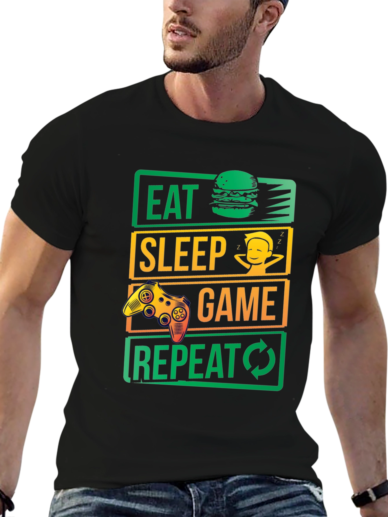 Eat Sleep Game Repeat Black Graphic Tee
