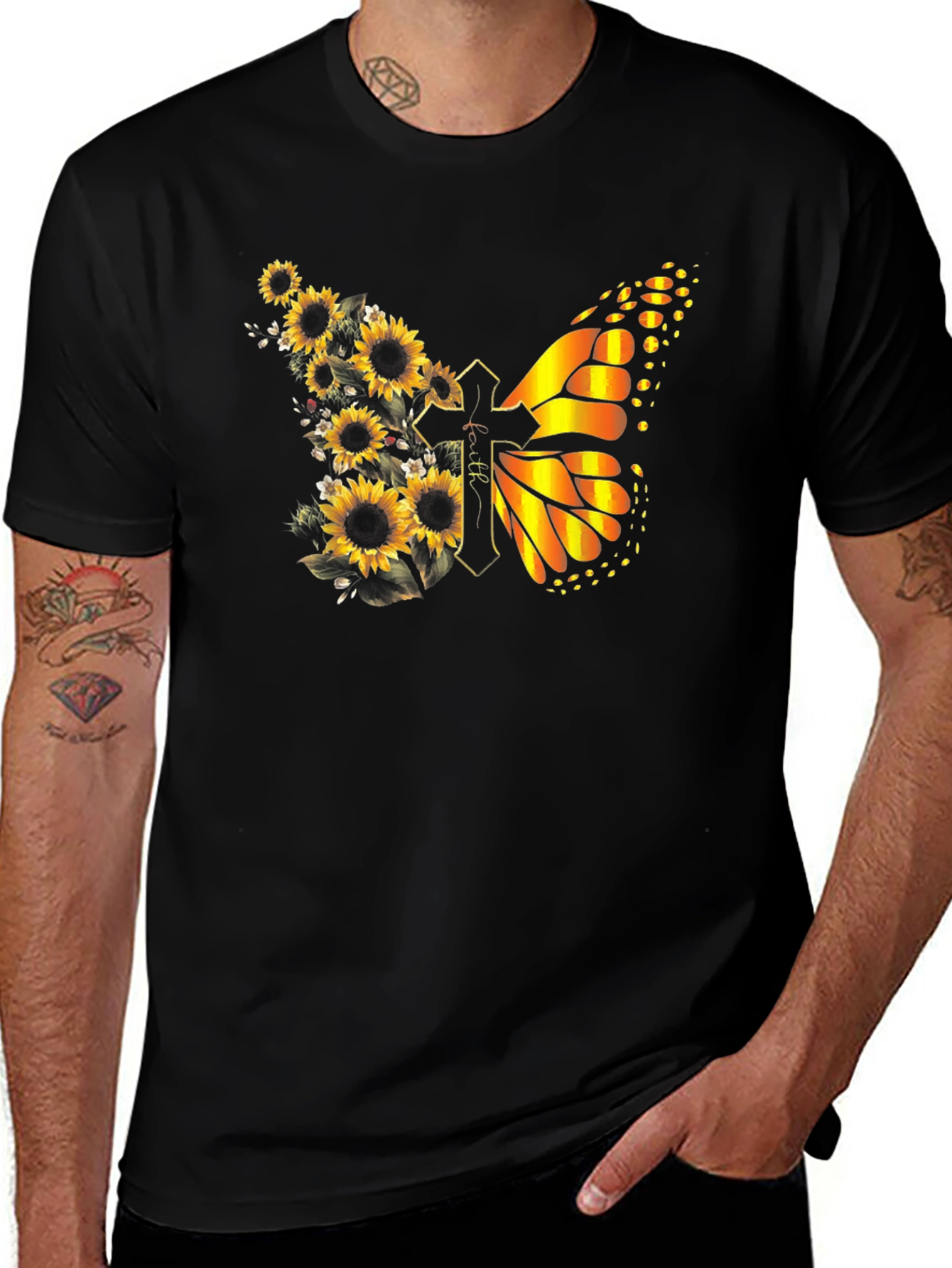 Sunflower Butterfly Faith Cross T-Shirt