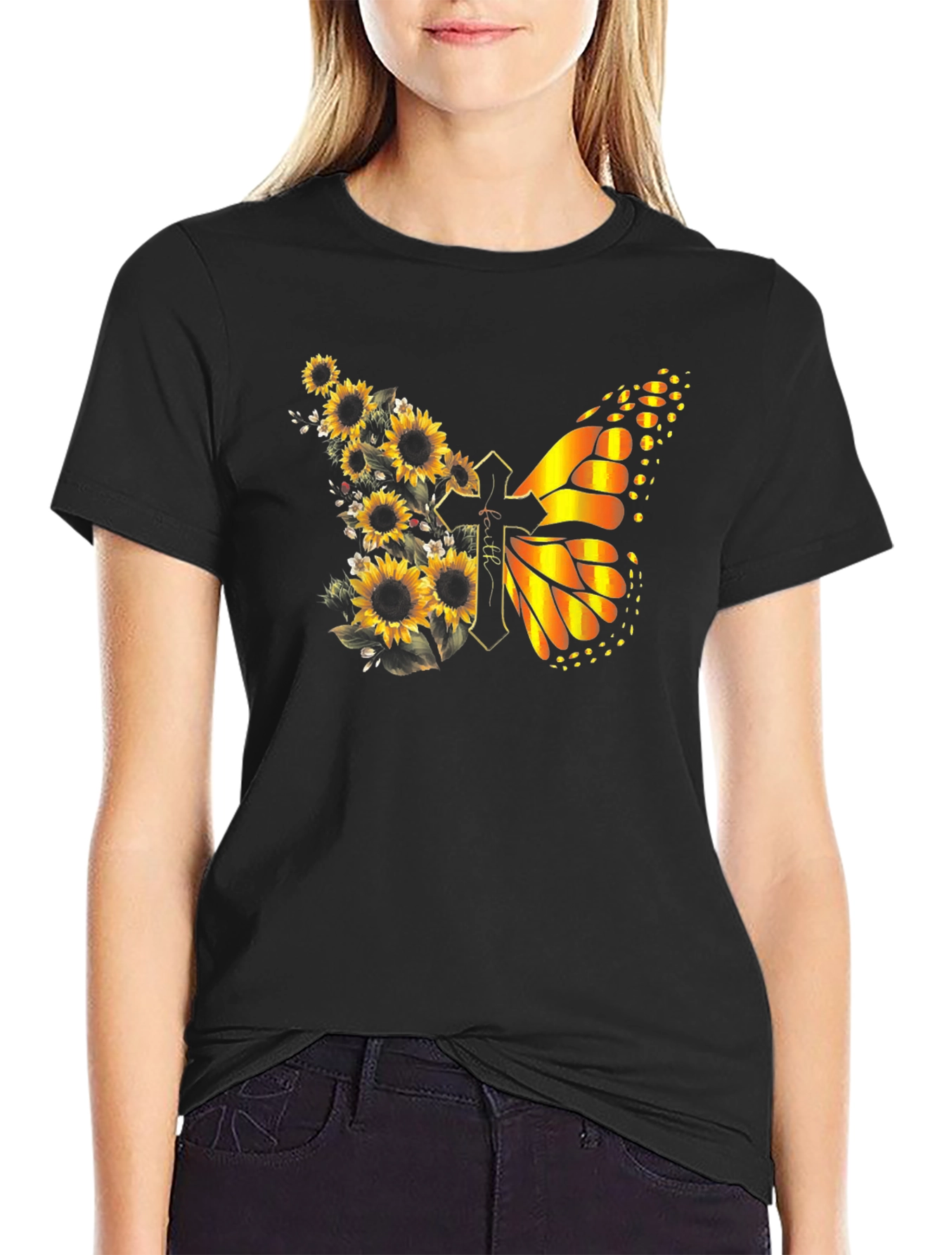Sunflower Butterfly Faith Cross T-Shirt