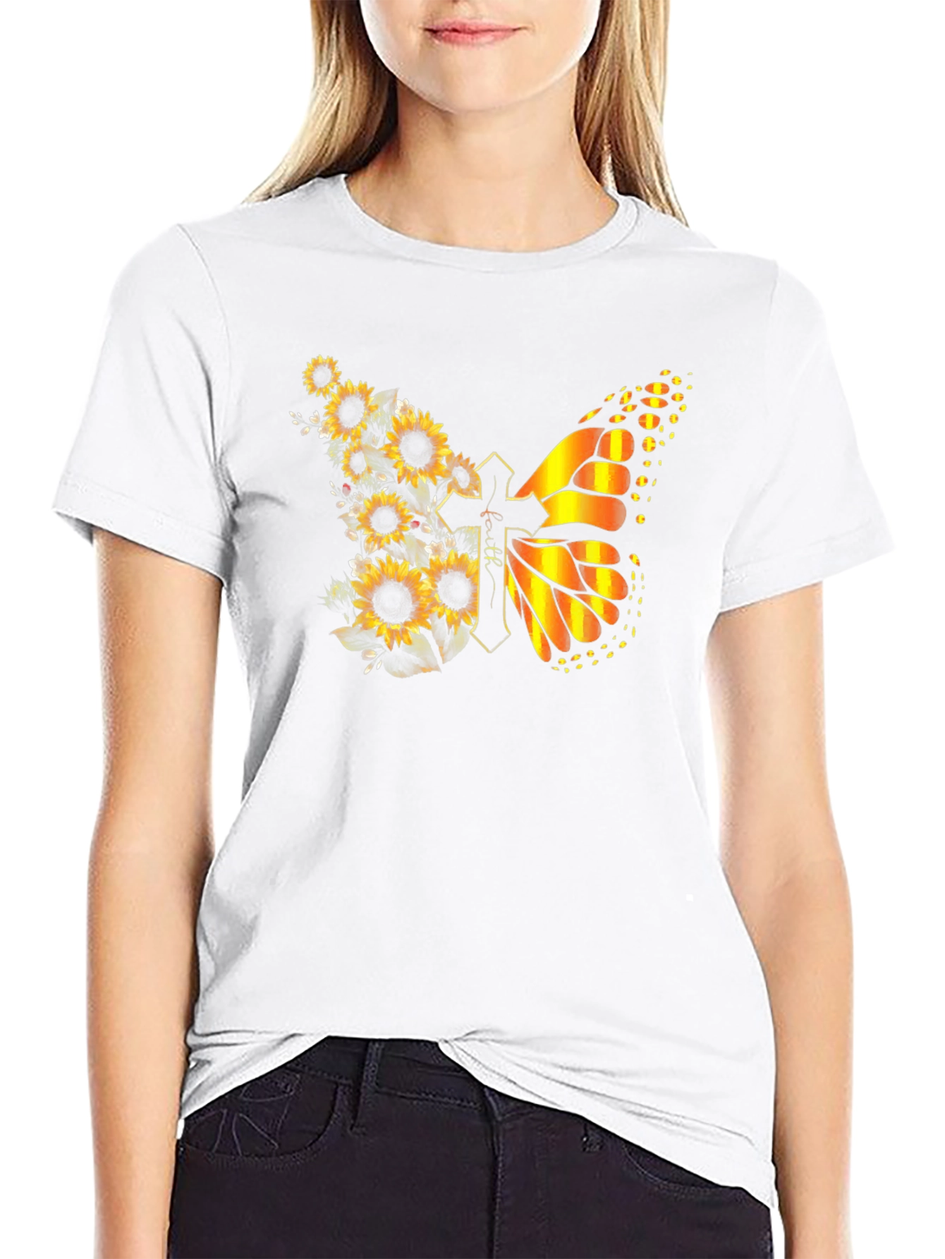 Sunflower Butterfly Faith Cross T-Shirt