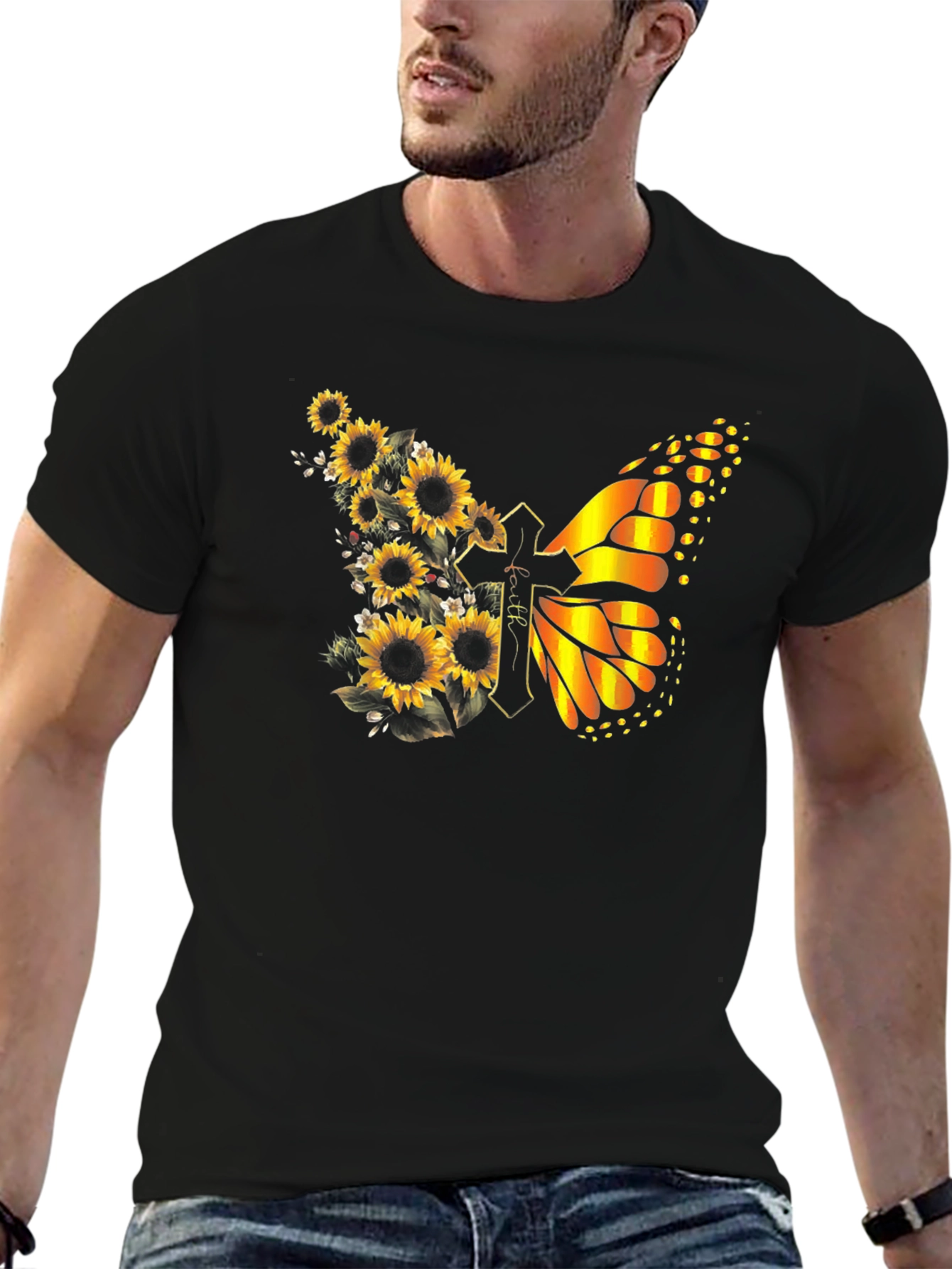 Sunflower Butterfly Faith Cross T-Shirt