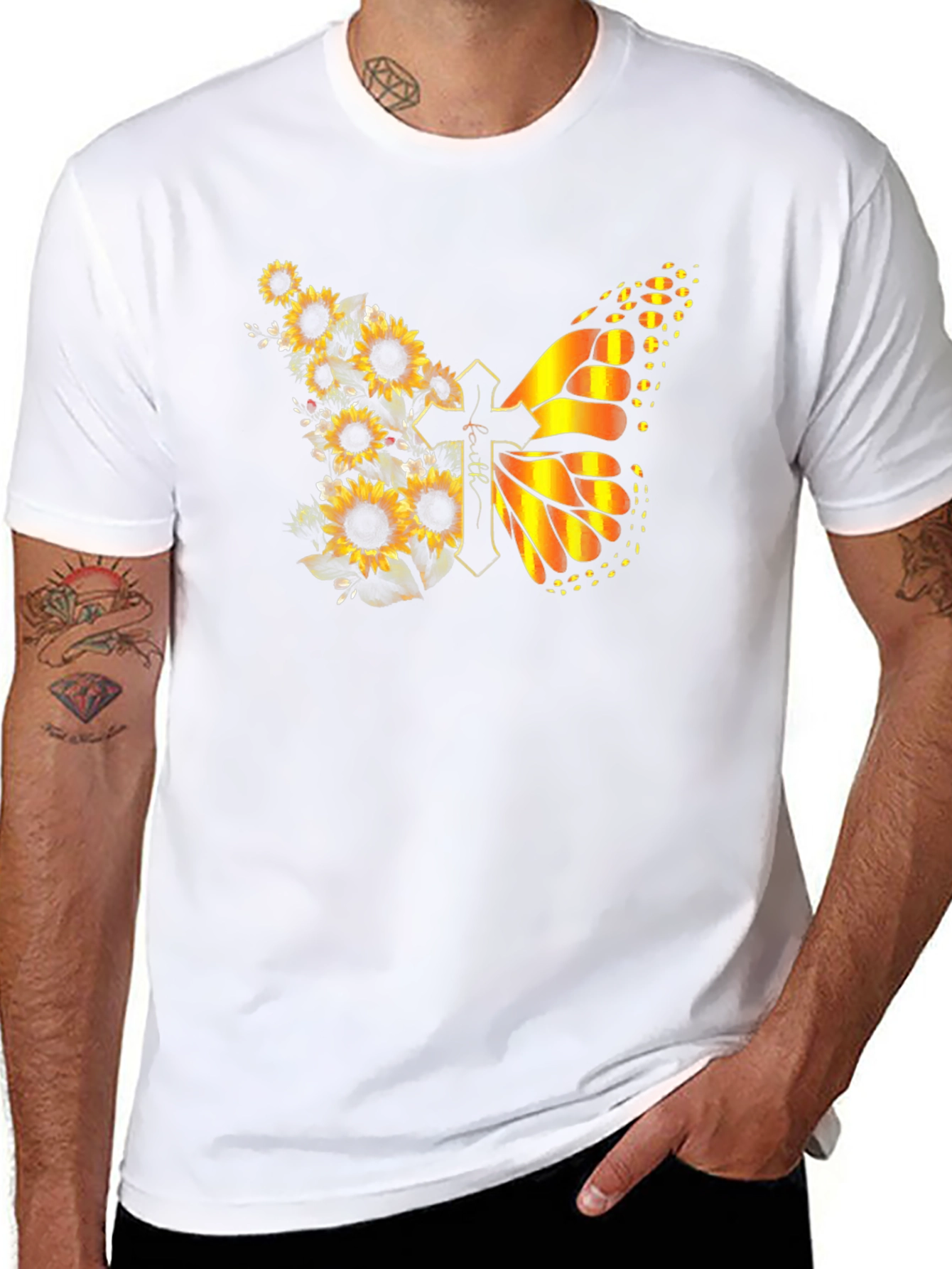 Sunflower Butterfly Faith Cross T-Shirt