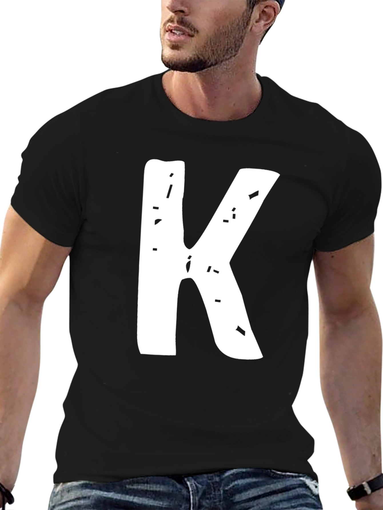Letter K Black T-Shirt - Distressed Graphic Tee