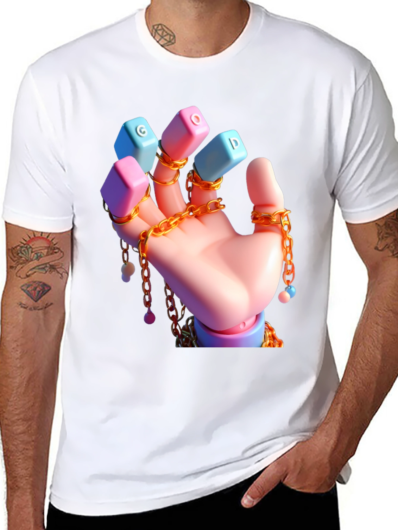 Unique Graphic Tee - Cartoon Hand With Chains