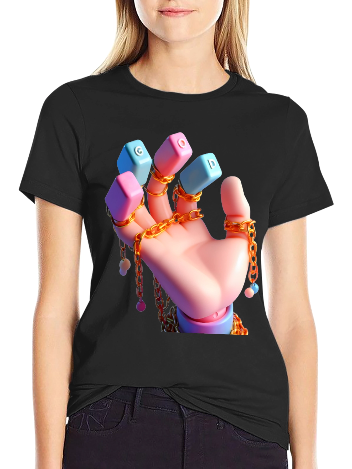 Unique Graphic Tee - Cartoon Hand With Chains