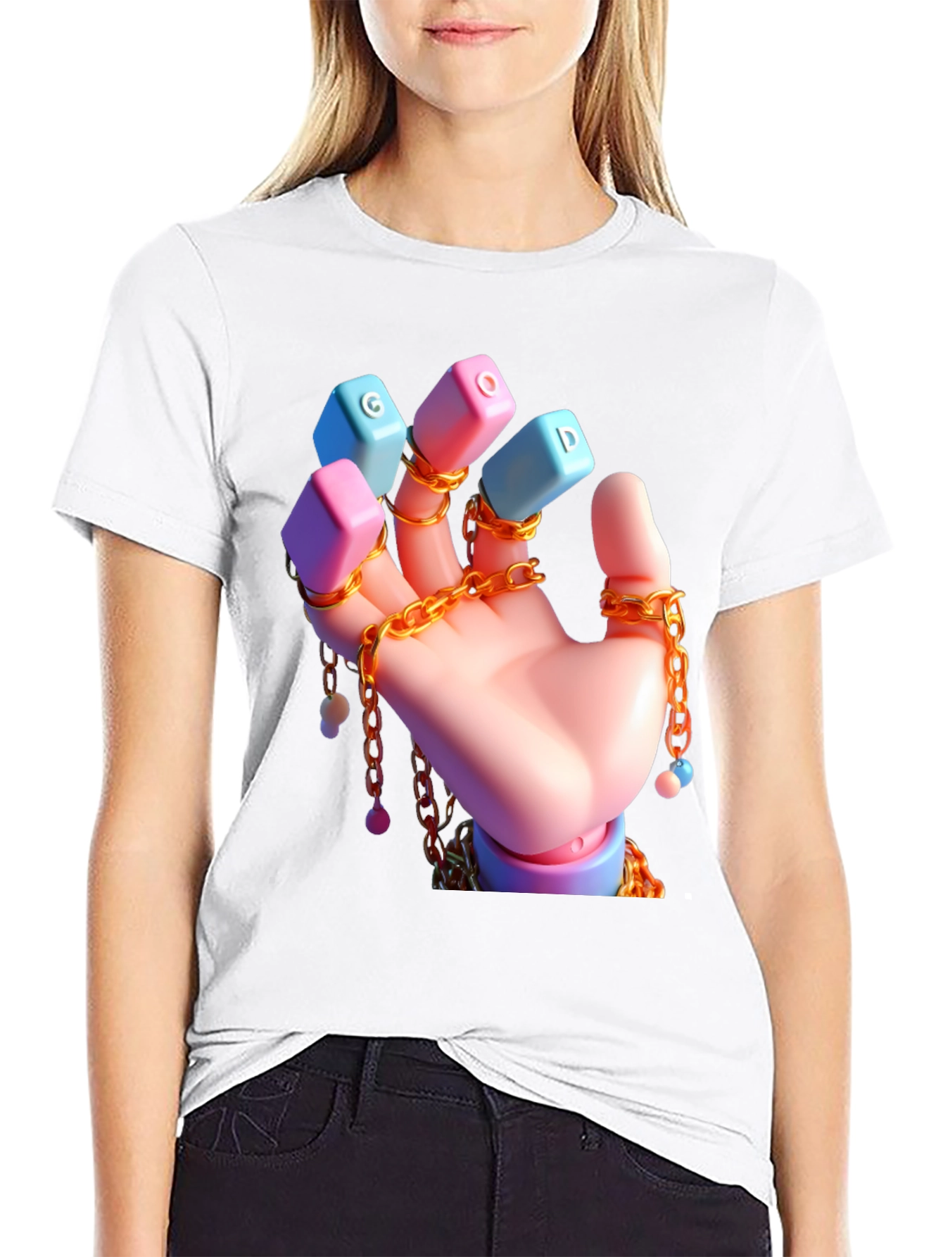 Unique Graphic Tee - Cartoon Hand With Chains