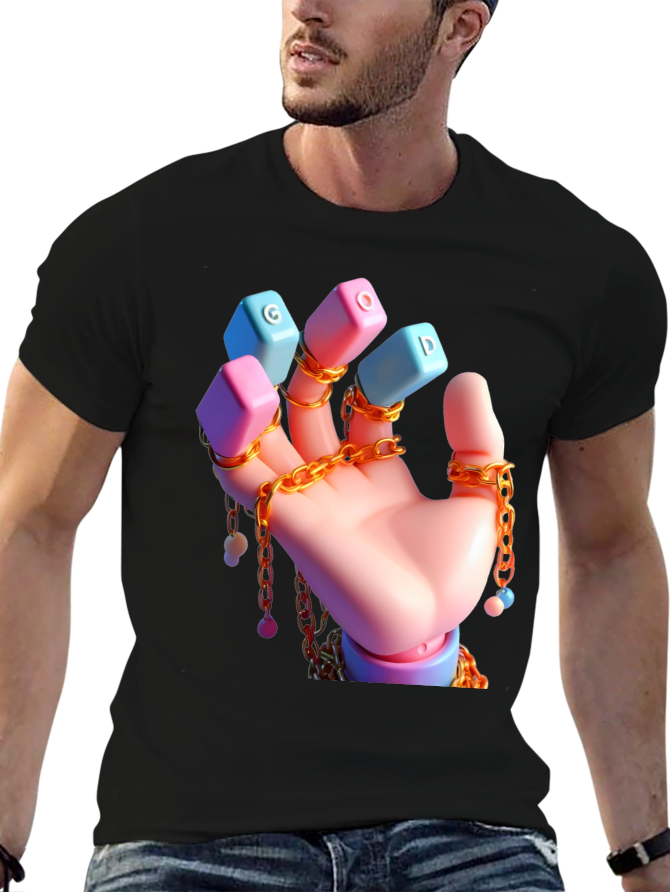Unique Graphic Tee - Cartoon Hand With Chains
