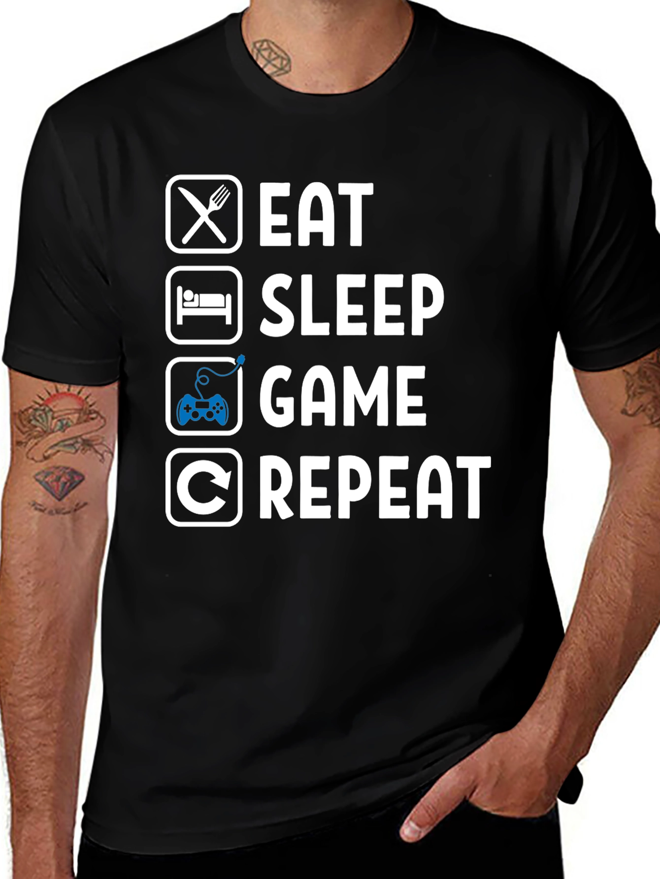 Eat Sleep Game Repeat Black T-Shirt - Gamer Lifestyle