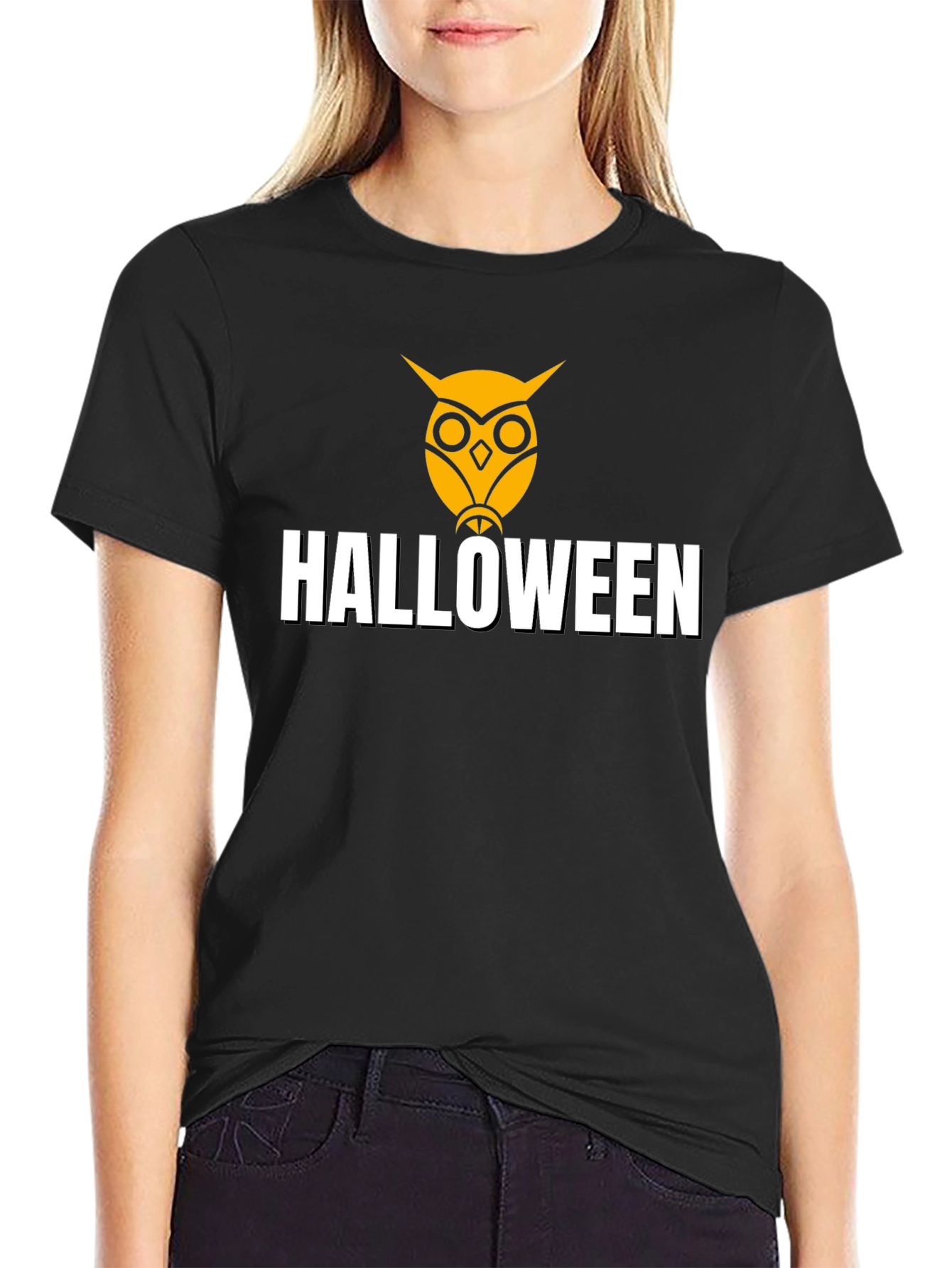 Halloween Owl Graphic Tee - Black Cotton Shirt
