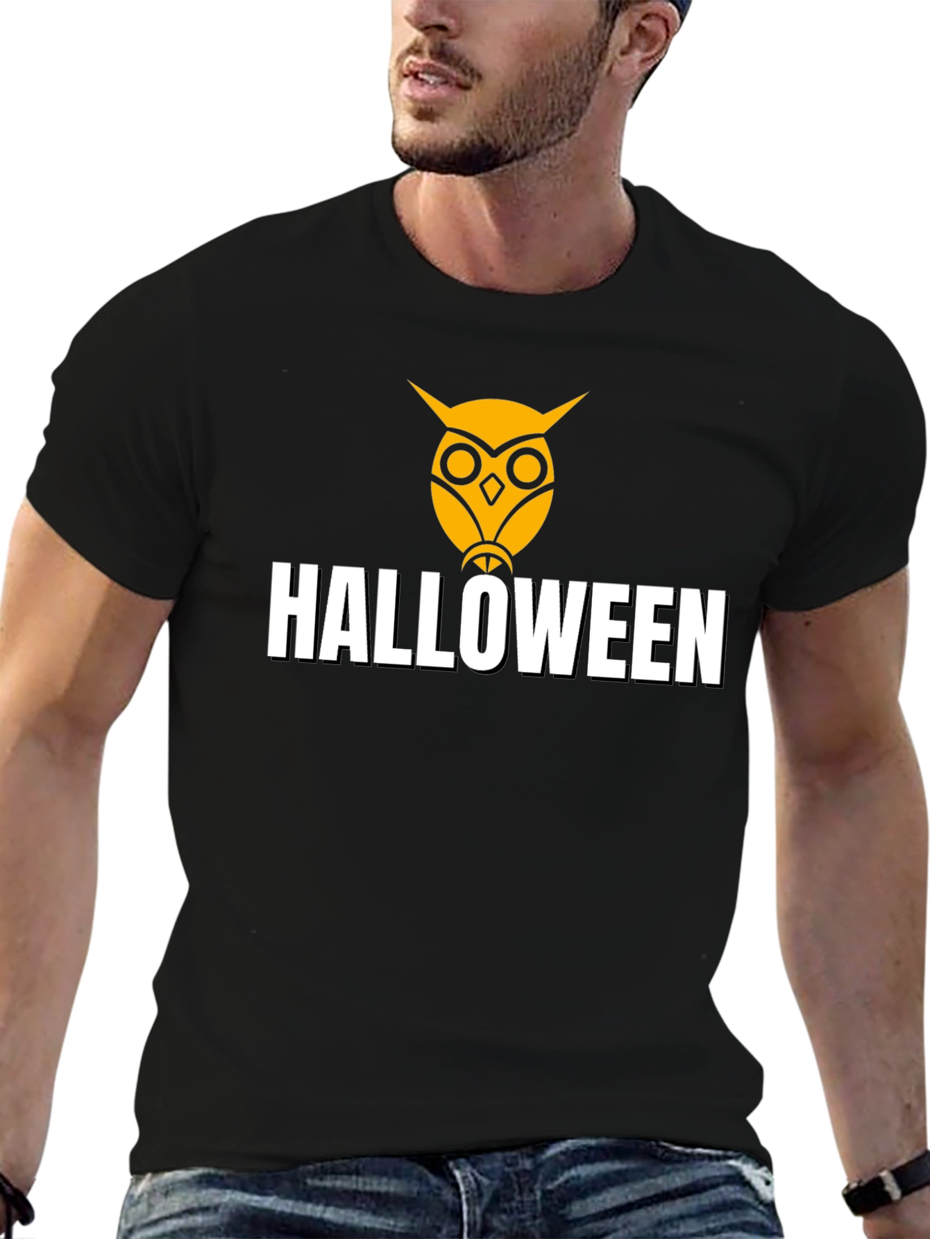 Halloween Owl Graphic Tee - Black Cotton Shirt