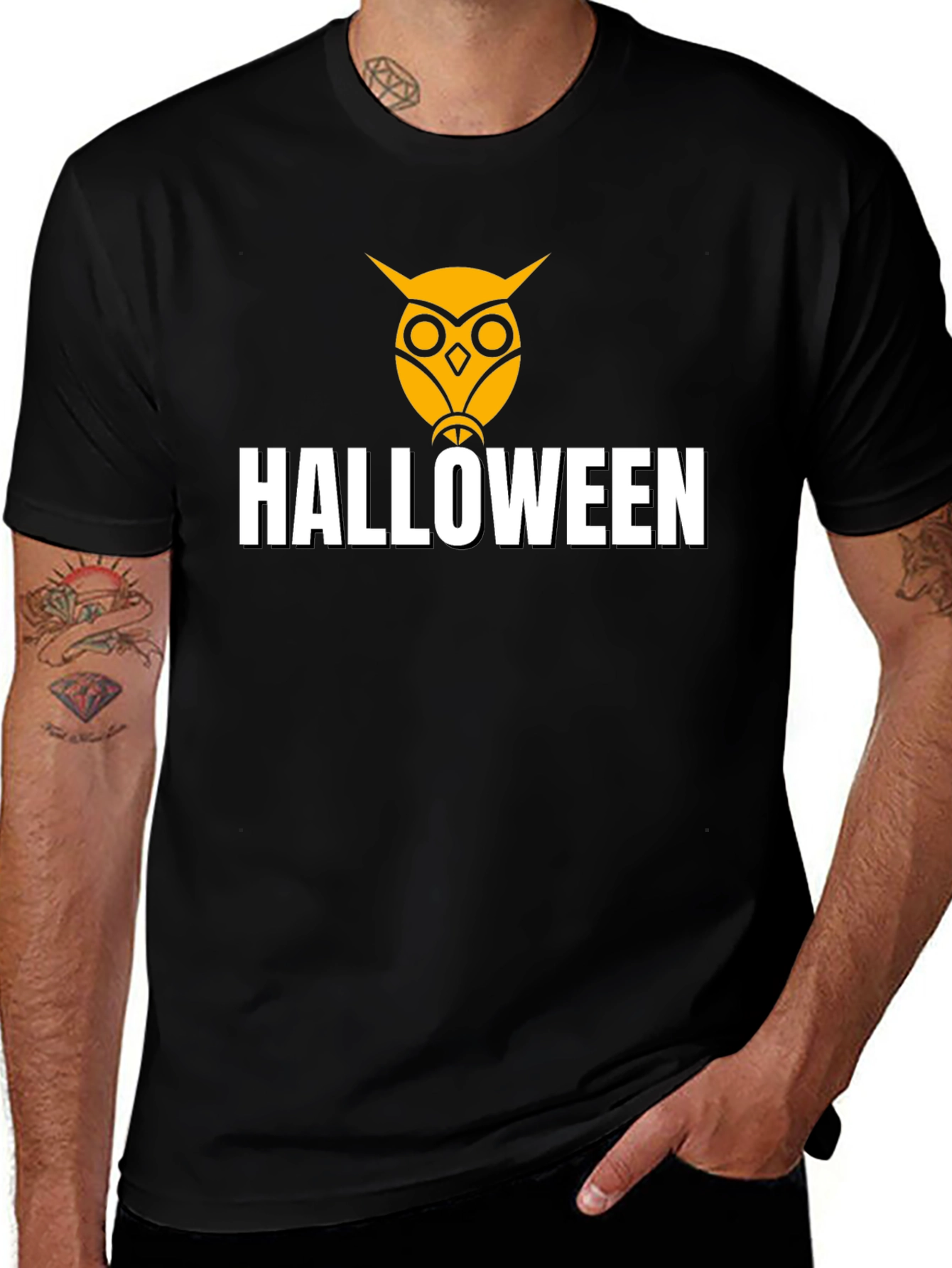 Halloween Owl Graphic Tee - Black Cotton Shirt