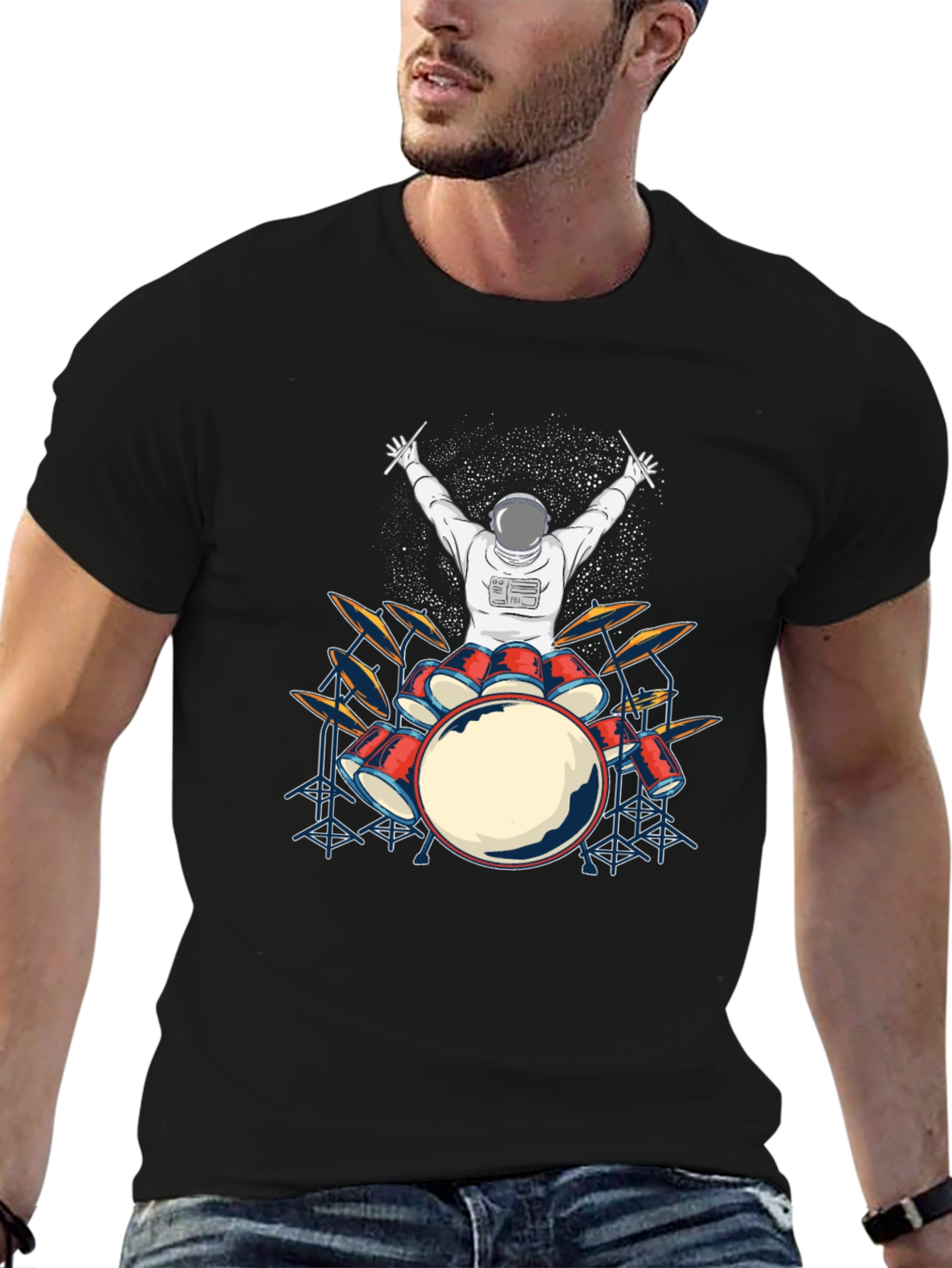 Astronaut Drummer Graphic T-Shirt - Black