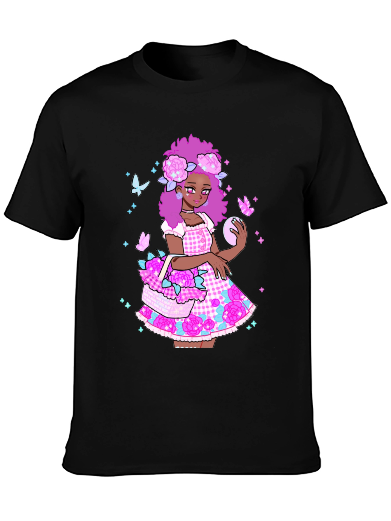 Floral Anime Girl Graphic Black T-Shirt